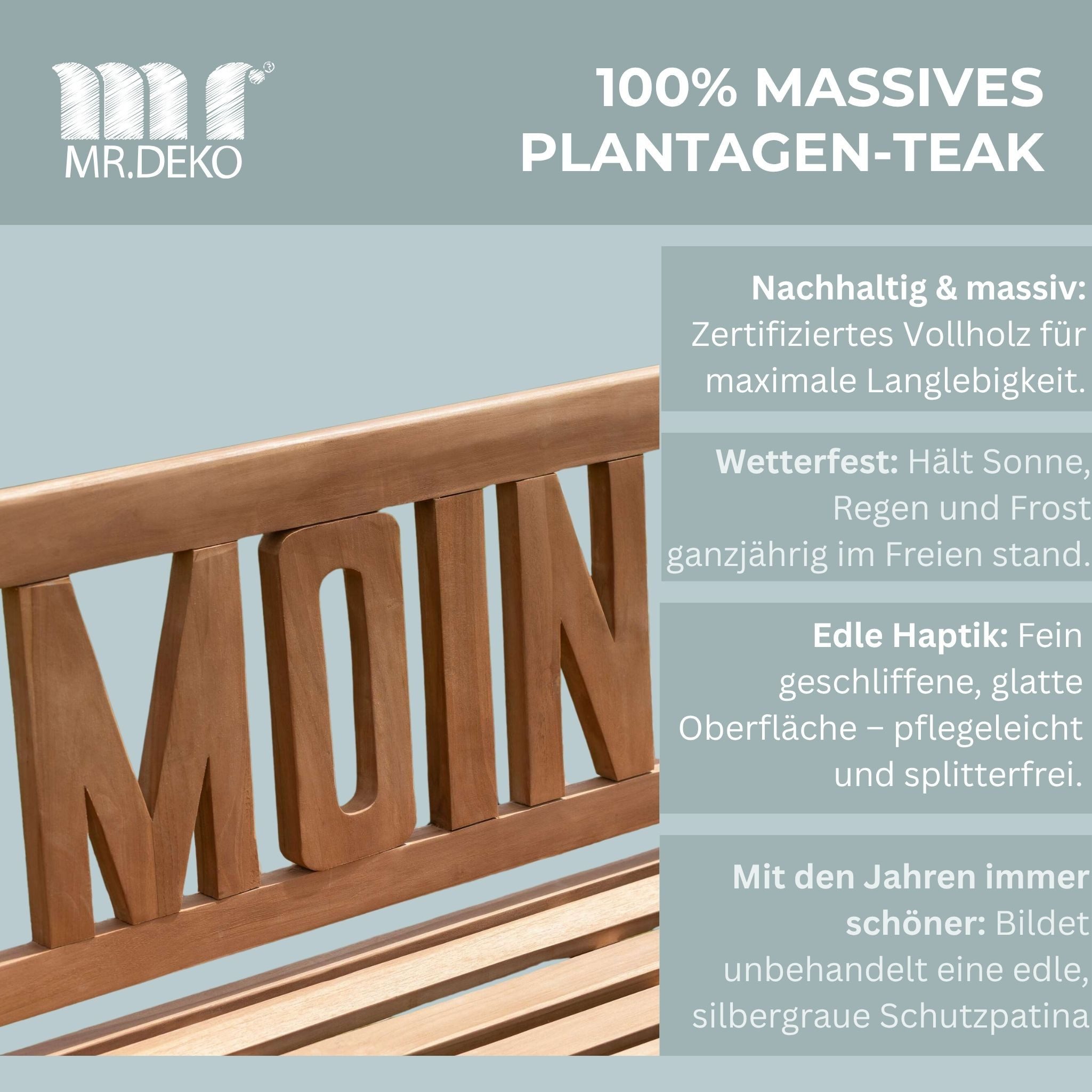 MR.DEKO Gartenbank Teak MOIN 120 cm – norddeutsch, einladend & wetterfest (2-Sitzer Bank, zerlegt geliefert, ideal für Terrasse, 1-St), Massive Sitzbank Garten  – Bild 5 von 5