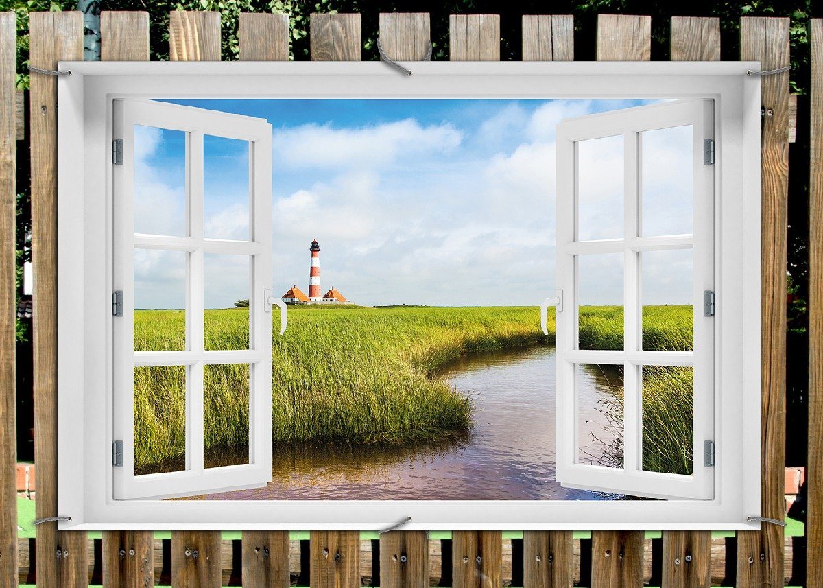 Thumbnail - Wallario Sichtschutzzaunmatten Kleiner Bach durch Schilf auf dem Weg zum Leuchtturm, mit Fenster-Illusion