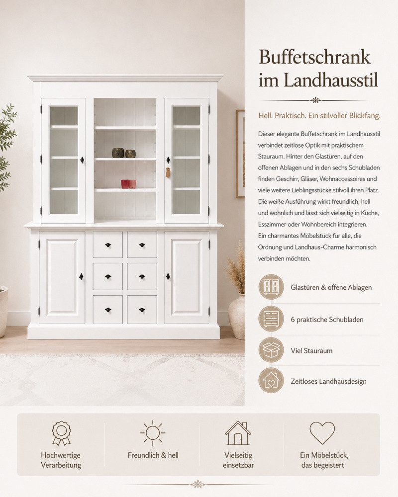 Wohnpalast Buffet Landhaus Schrank Massivholz Vitrinenschrank im Landhaus Stil Farbe wei