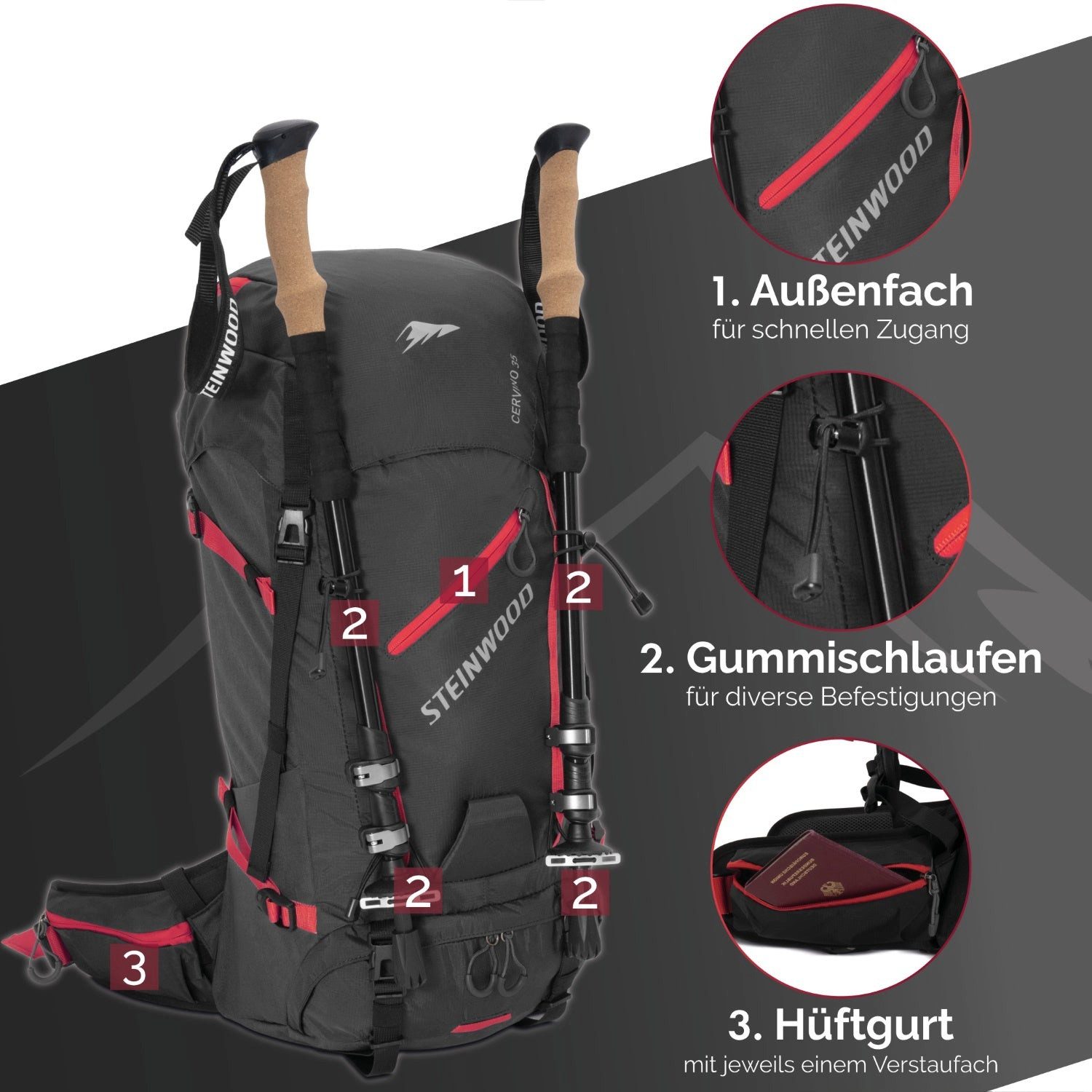 Steinwood Wanderrucksack Herren & Damen 35L - Outdoor-Rucksack, Reiserucksack, Tagesrucksack w…