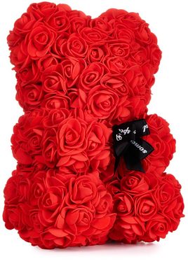 Kunstblume Rosenbär in Geschenkbox mit Schleife - Valentinstagsgeschenk Kunstblumenfigur, BRUBAKER, Höhe 25 cm, Rosen Bär, Blumen Teddy Geschenk Valentinstag, Rosen Teddybär