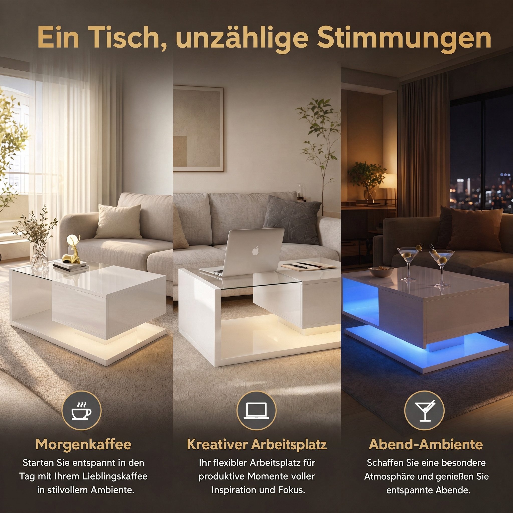Totnz Couchtisch in Hochglanz mit Glasplatte und 16-farbiger LED-Beleuchtung (Beistelltisch mit Schublade), Sofatisch mit Ablagefach, Wohnzimmertisch