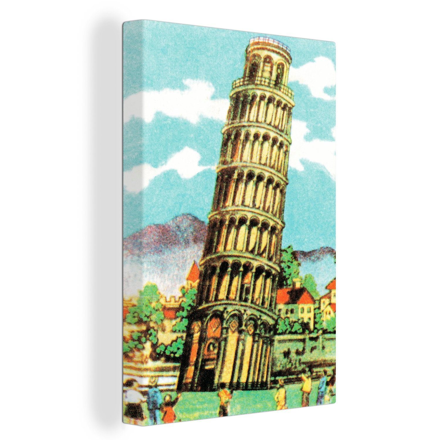 OneMillionCanvasses® Leinwandbild Illustration des Turms von Pisa vor einem bunten Hintergrund, (1 St), Leinwandbild fertig bespannt inkl. Zackenaufhänger, Gemälde, 20x30 cm