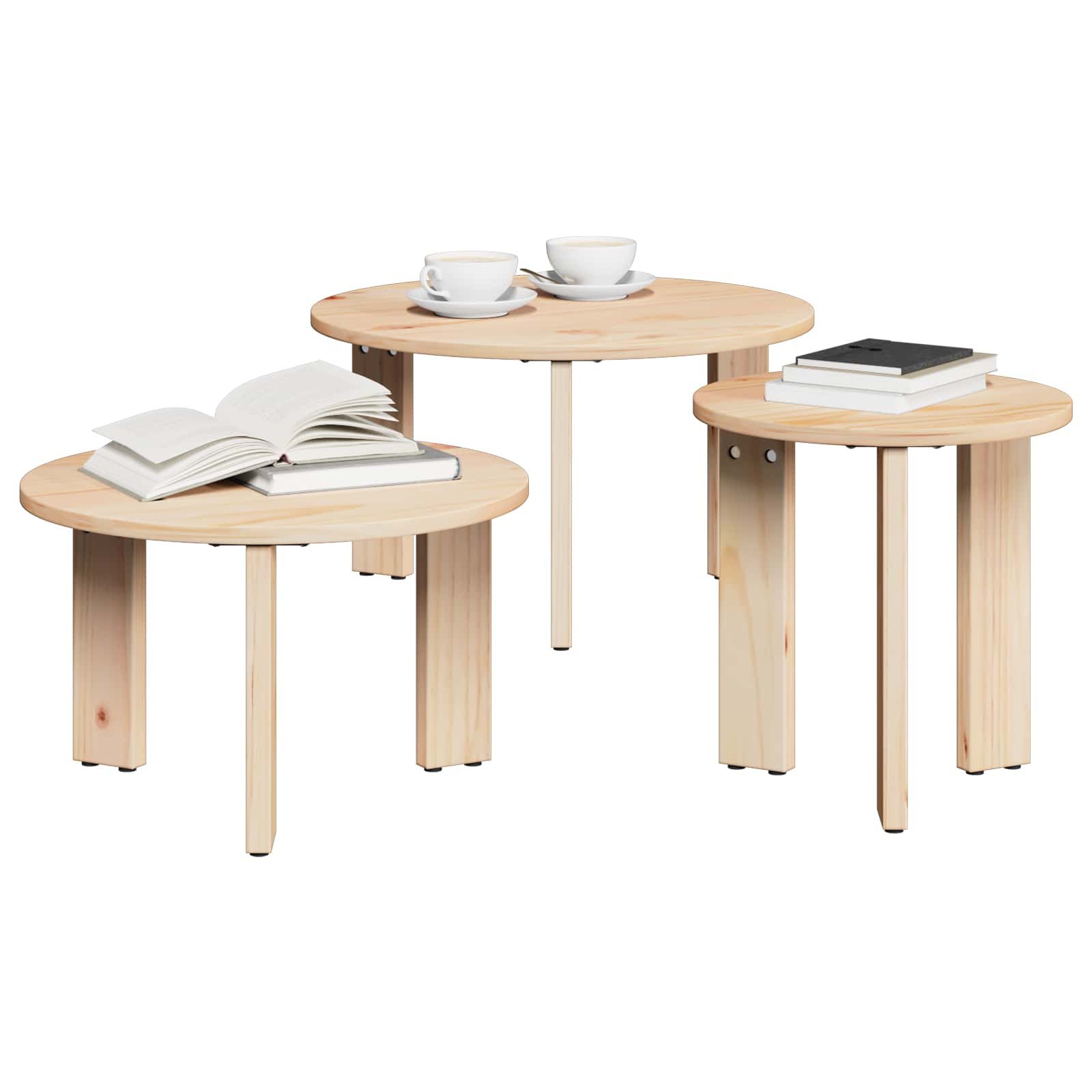 vidaXL Couchtisch Couchtisch 3 stk. Natur 47,5 x 47,5 x 27 cm Massivholz Kiefer (3-St)