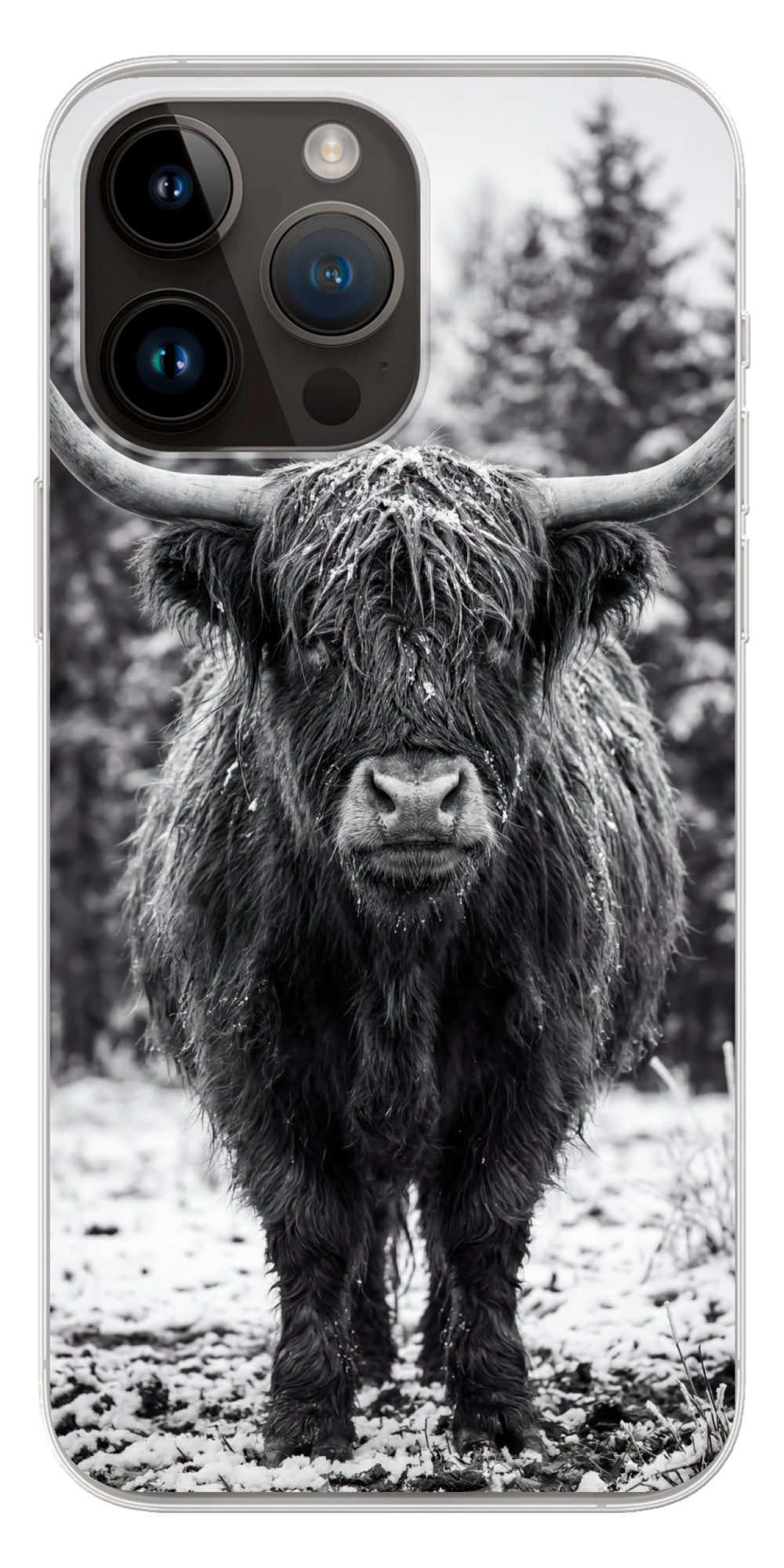 MuchoWow Handyhülle für Apple iPhone 14 Pro Max Schottischer Highlander - Schwarz - Weiß -, Smartphone-Bumper, Print, Handy Schutzhülle Dünn