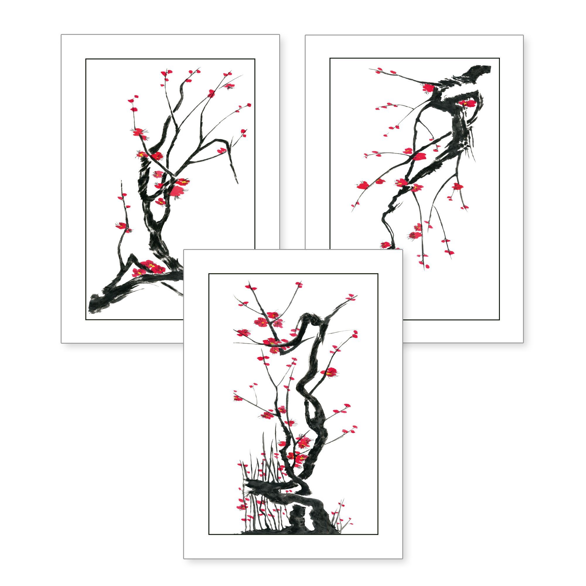 Kreative Feder Poster, Zeichnung, Baum, Äste, Blüten, Natur (Set, 3 St), 3-teiliges Poster-Set, Wandbild, optional mit Rahmen, DIN A4 oder A3
