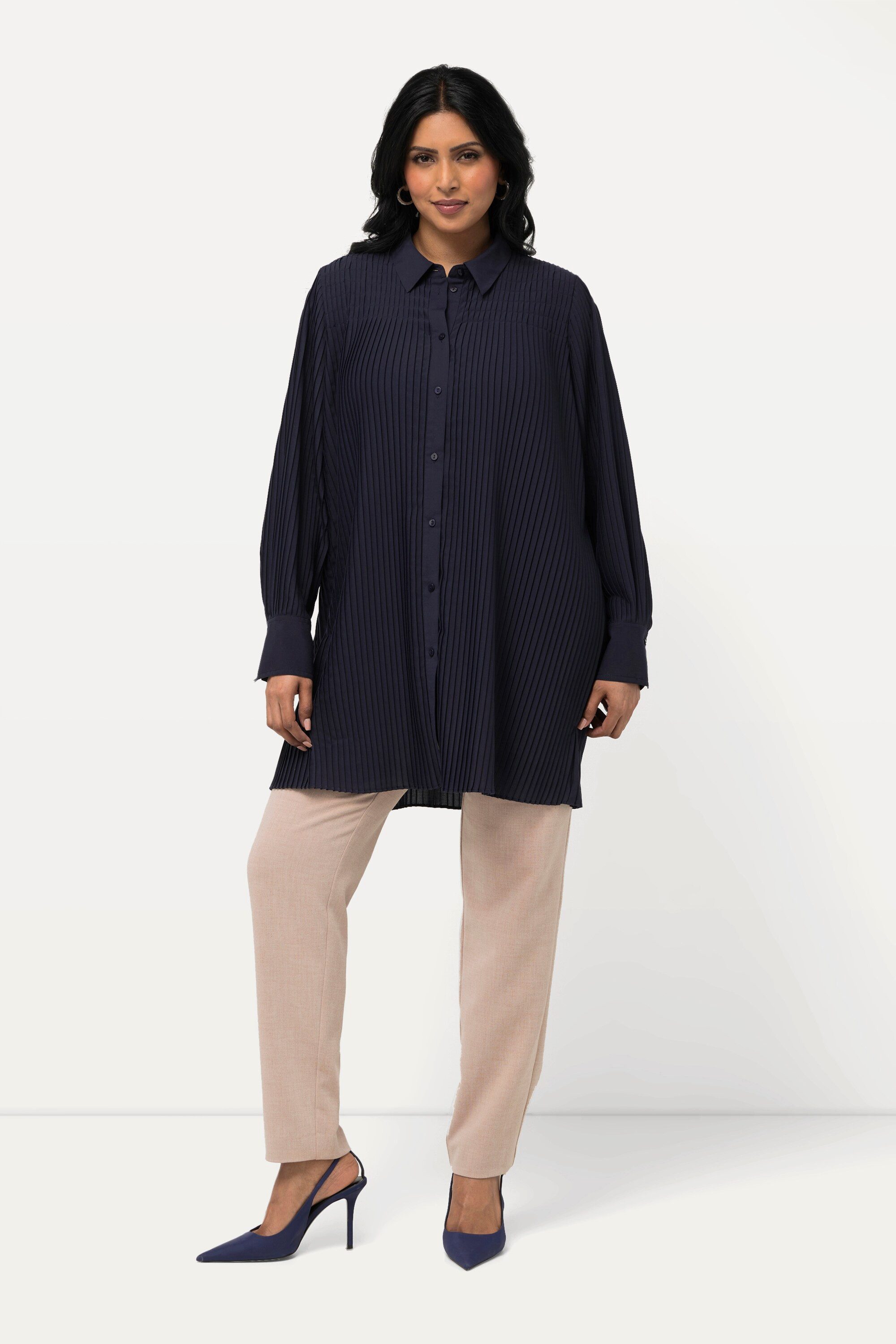 Ulla Popken Longbluse Plissee-Bluse A-Linie Hemdkragen günstig online kaufen