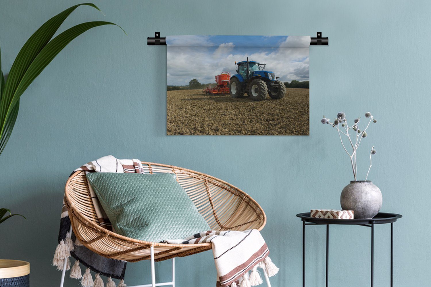 MuchoWow Wanddekoobjekt Traktor - Blau - Kinderzimmer - Schlafzimmer, Wandbehang, Wanddeko für Wohnzimmer, Wolken, Kleid, Landleben