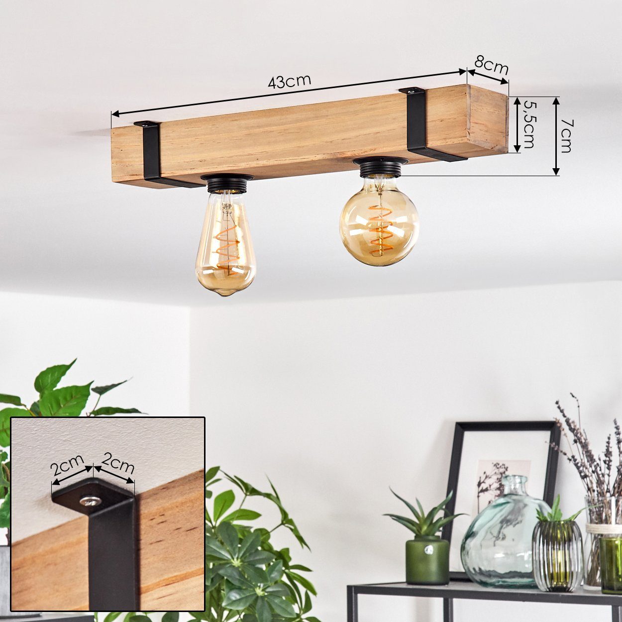 hofstein Deckenleuchte Deckenlampe aus Metall/Holz in Schwarz/Natur, ohne Leuchtmittel, im skandinavischen Design mit Holzbalken, 2 x E27, ohne Leuchtmittel