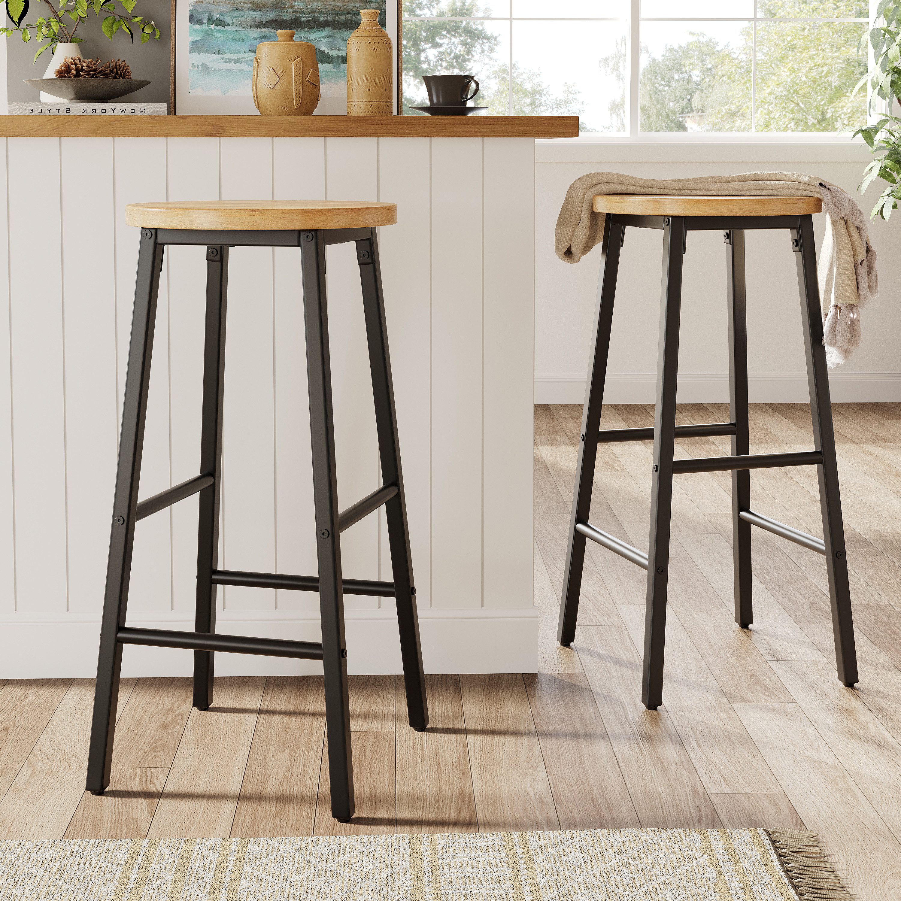 Flieks Barhocker mit runder Sitz in Holzoptik Natur (Set, 2 St., mit verstellbaren Fußpolstern), 2er Set Barstühle Esszimmerstühle, schwarzer Metallbeine, B30xH63 cm