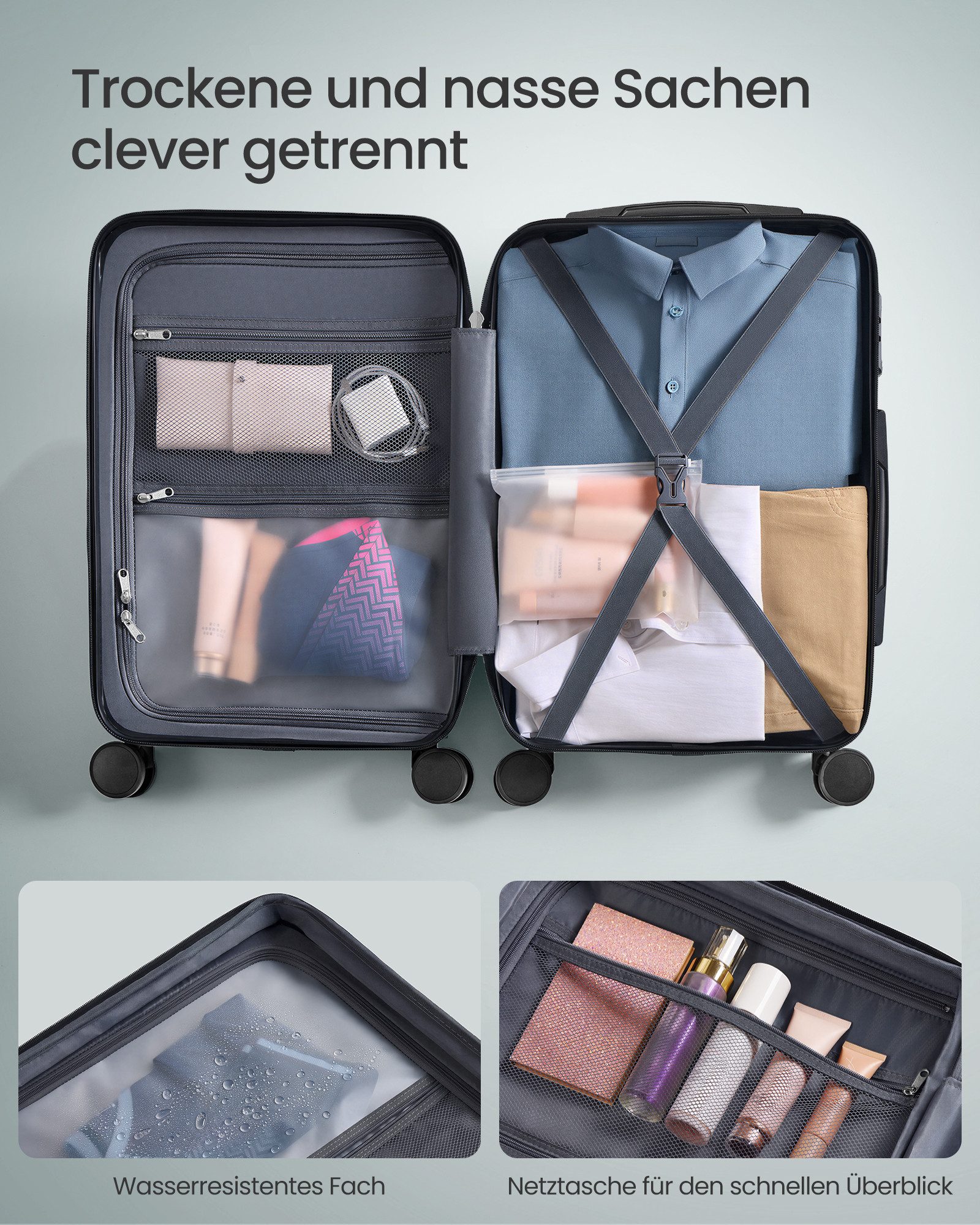 SONGMICS Hartschalen-Trolley Hartschalenkoffer, Handgepäck mit TSA-Schloss Koffergurt & Nassfach, Reisekoffer, 4 leise 360° Zwillingsrollen, ABS Trolley 36L – Bild 5 von 5