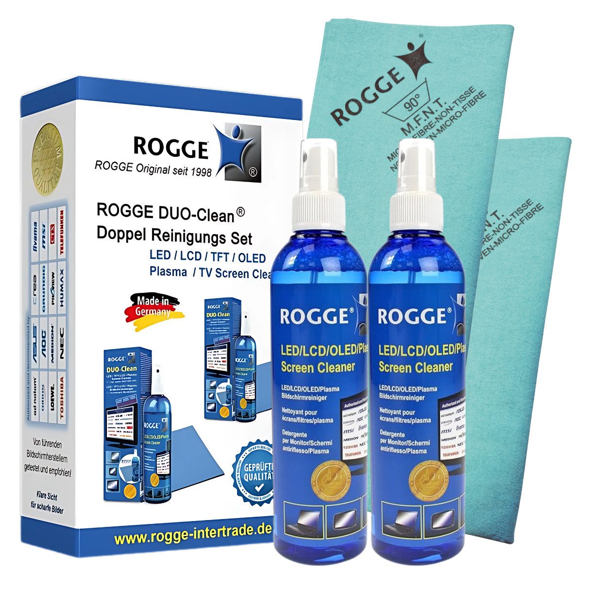 Rogge Reinigungs-Set ROGGE DUO-Clean Bildschirmreiniger - PREMIUM PROAKTIVE Mikrofaser, (4-St)