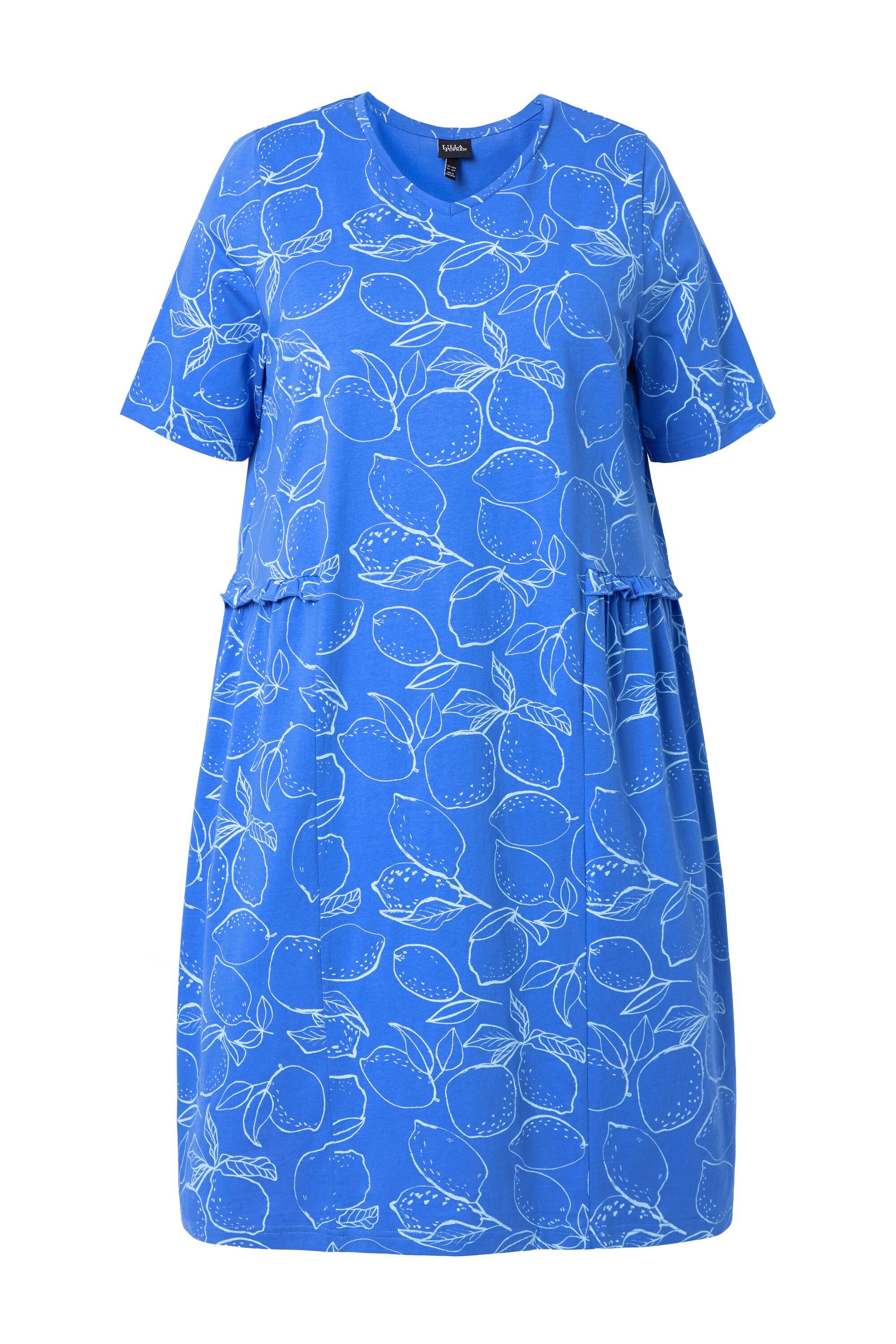 Ulla Popken Midikleid Jerseykleid Zitronen Rüschen V-Ausschnitt Halbarm – Bild 2 von 4
