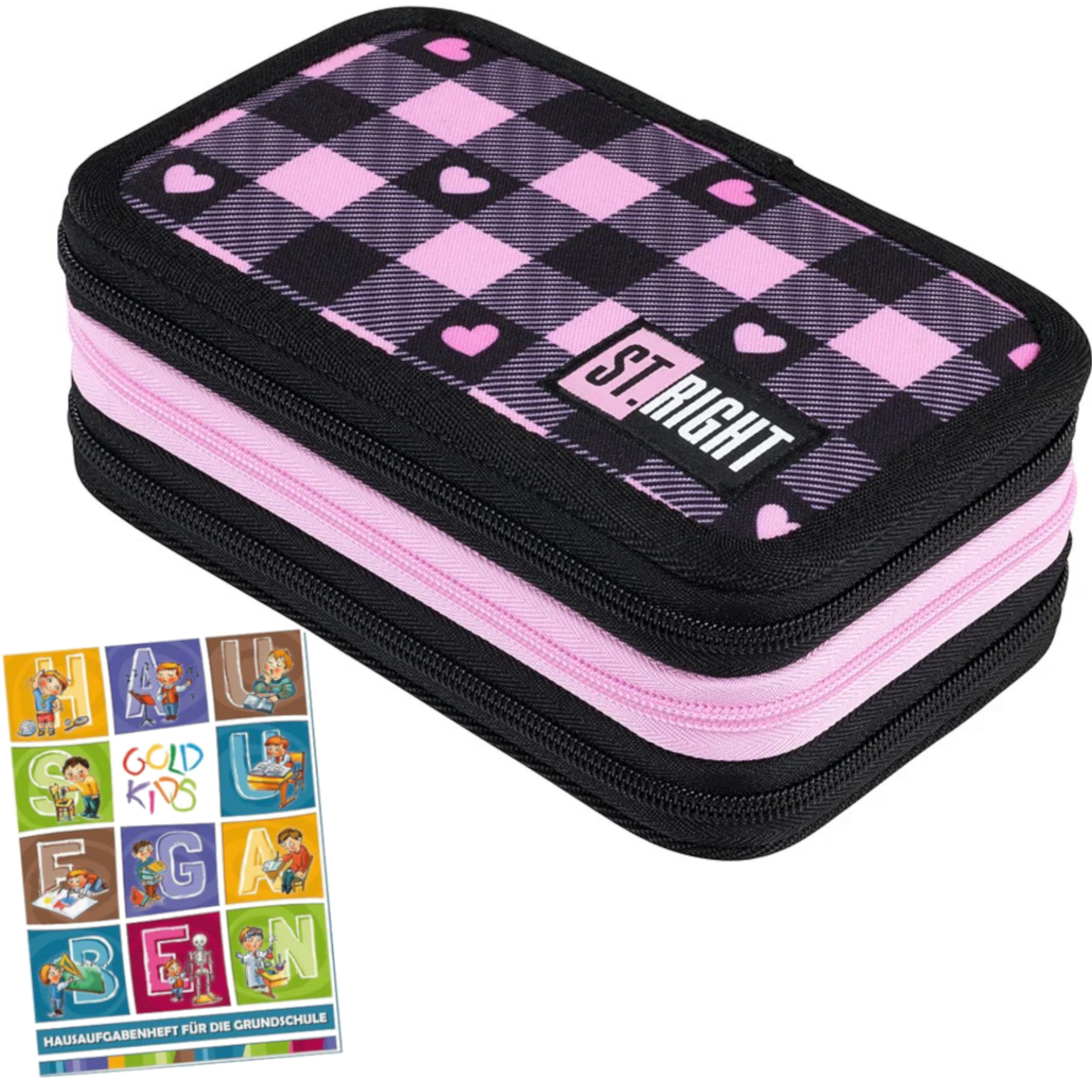 GOLDKIDS Federmäppchen 3 Fächer - Mäppchen für Mädchen und Jungen -, (Federmappe 3-Fach Federtasche, Gefüllte Schüleretui Schulmäppchen), und Hausaufgabenheft