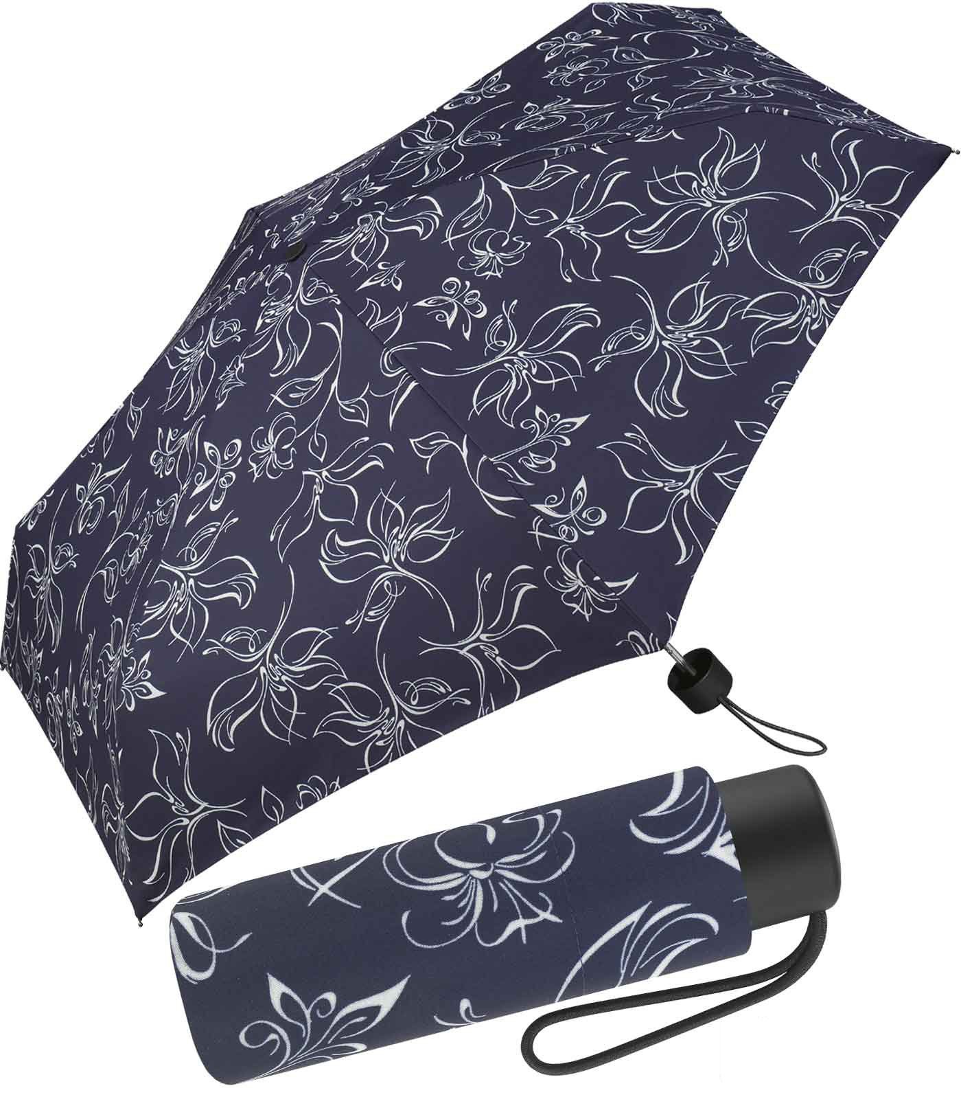 Pierre Cardin Taschenregenschirm winziger Damen-Taschenschirm mit Handöffner, mit wunderschönen Blumenskizzen weiß-dunkelblau