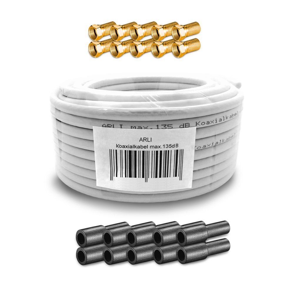 ARLI 50m Koaxialkabel + 10x vergoldete F-Stecker & 10x Gummitüllen TV-Kabel, F Stecker, Sat (5000 cm), 50 m TV Sat Koax Antennen Kabel 5-fach geschirmt Verlegekabel Set