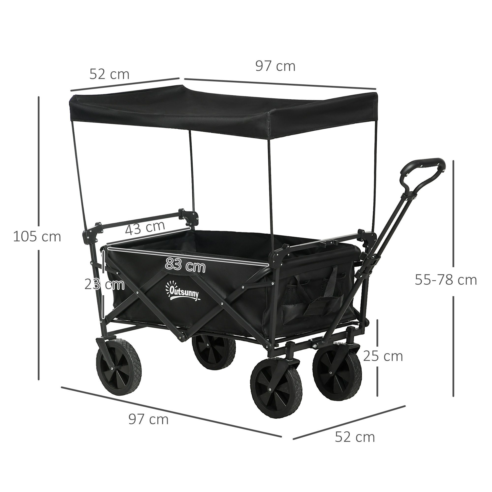 Outsunny Bicycle Cargo Trailer, Foldable Transport Cart with Sunshade, Handcart with Handle, Load Capacity up to 110 kg, Oxford, Black