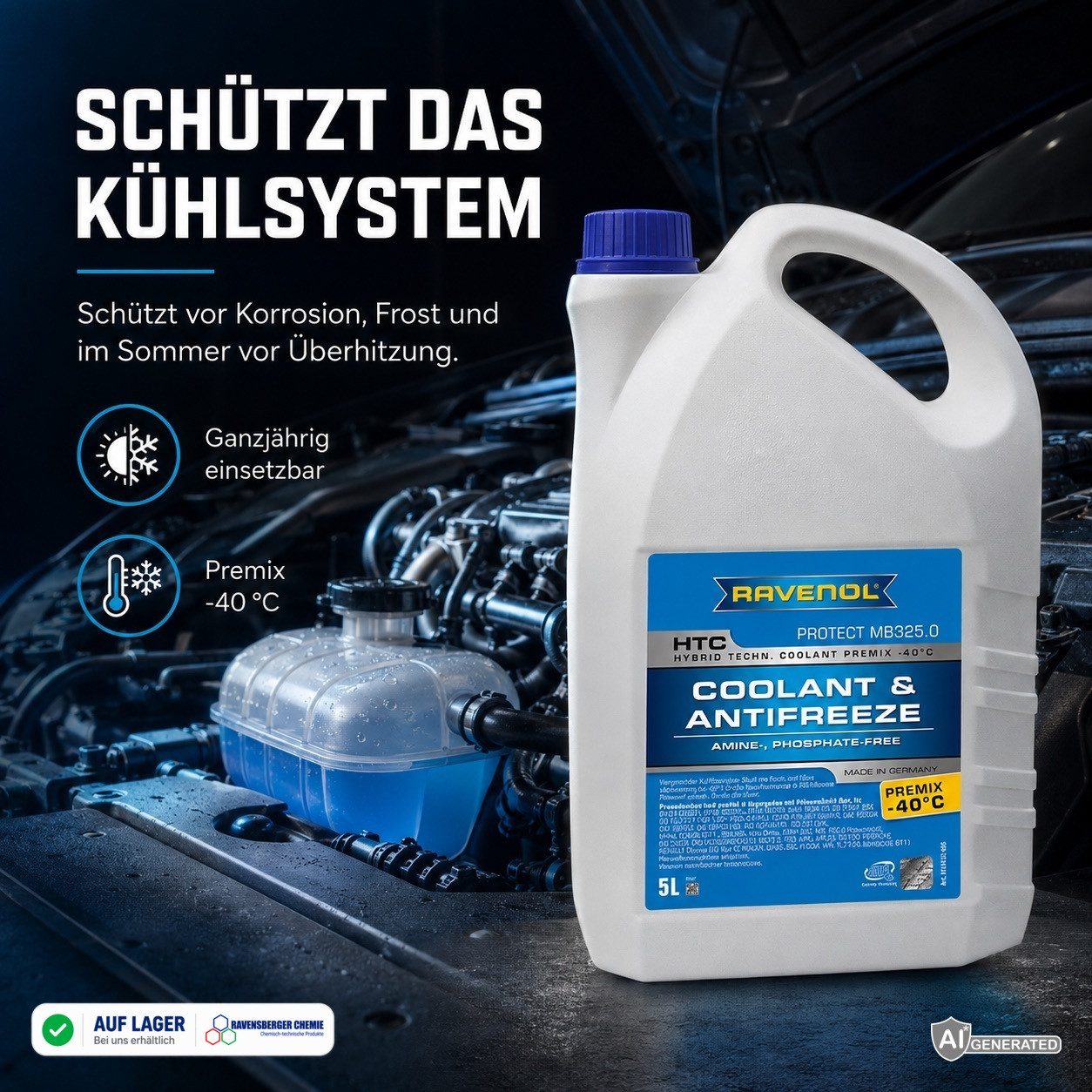 Ravenol Kühlerfrostschutz HTC Premix -40°C Protect MB 325.0 Kühlmittel Fertigmischung Blau, 5 l, 5L Kühlmittel Premix – MB 325.0 – Frostschutz bis -40 °C – Bild 3 von 5