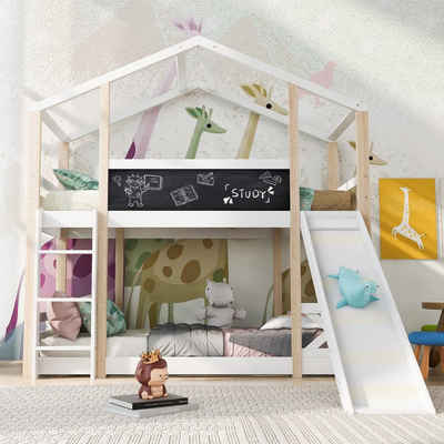 Fangqi Hochbett 90x200cm Kinderbett Baumhaus mit Rutsche & Leiter, 2xLattenrost Hochbett für Kinder, Natur & Weiß