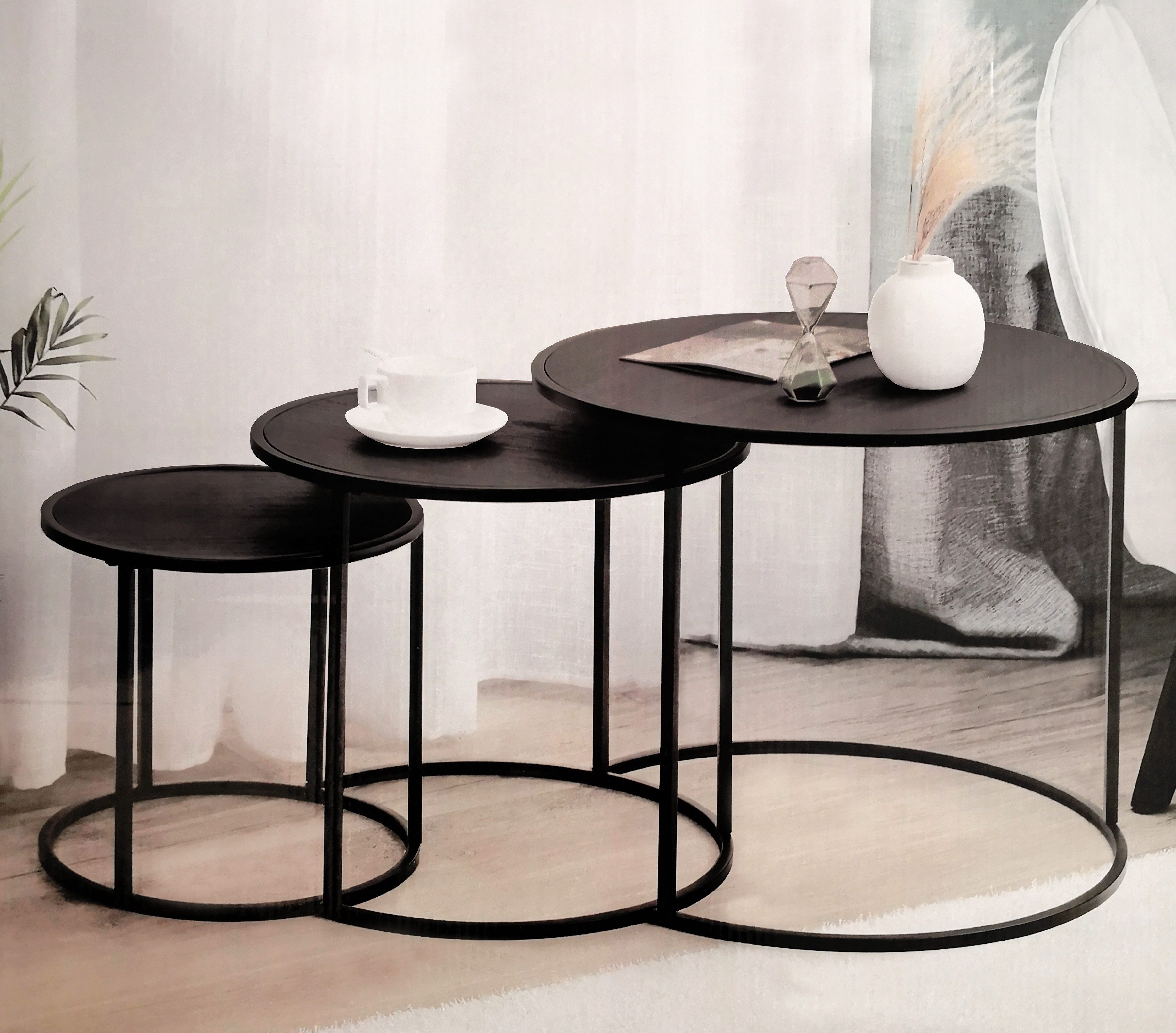Rug Studios Couchtisch Set 3 Tische, Wohnzimmer, 55 x 55 cm, schwarz