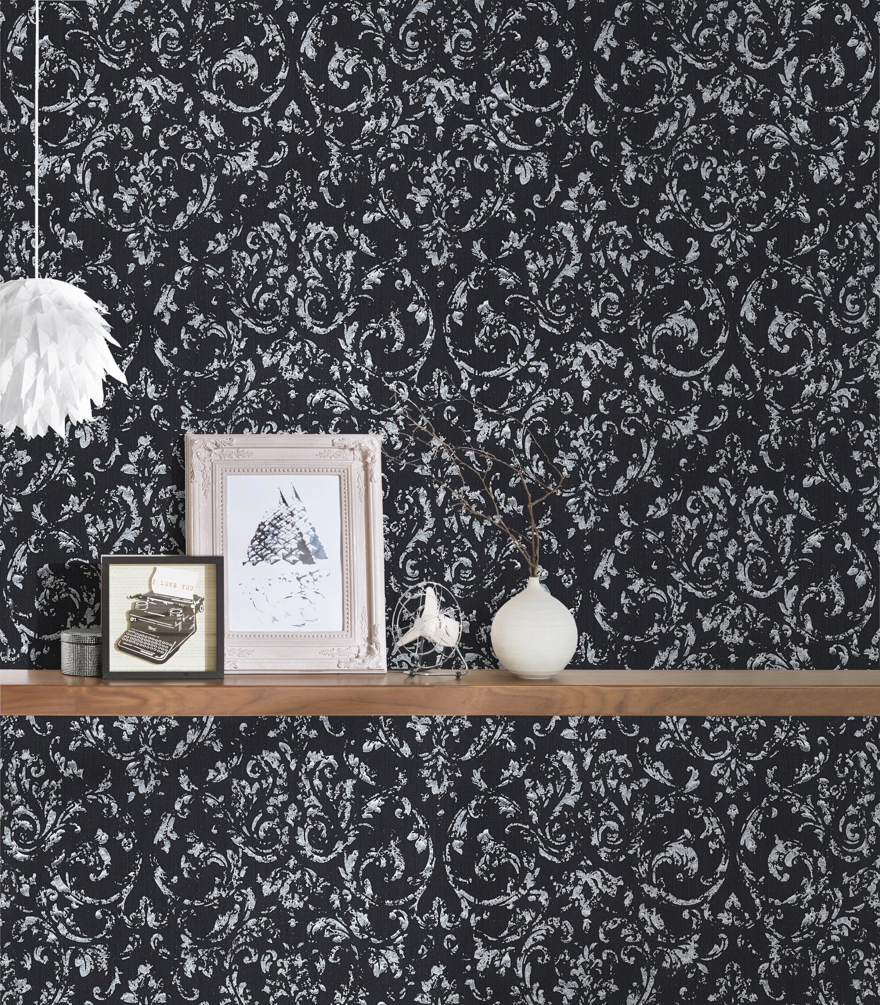 schwarz/silberfarben glänzend, Paper Silk, Tapete Architects Metallic Barock matt, Barock, Textiltapete samtig, Ornament