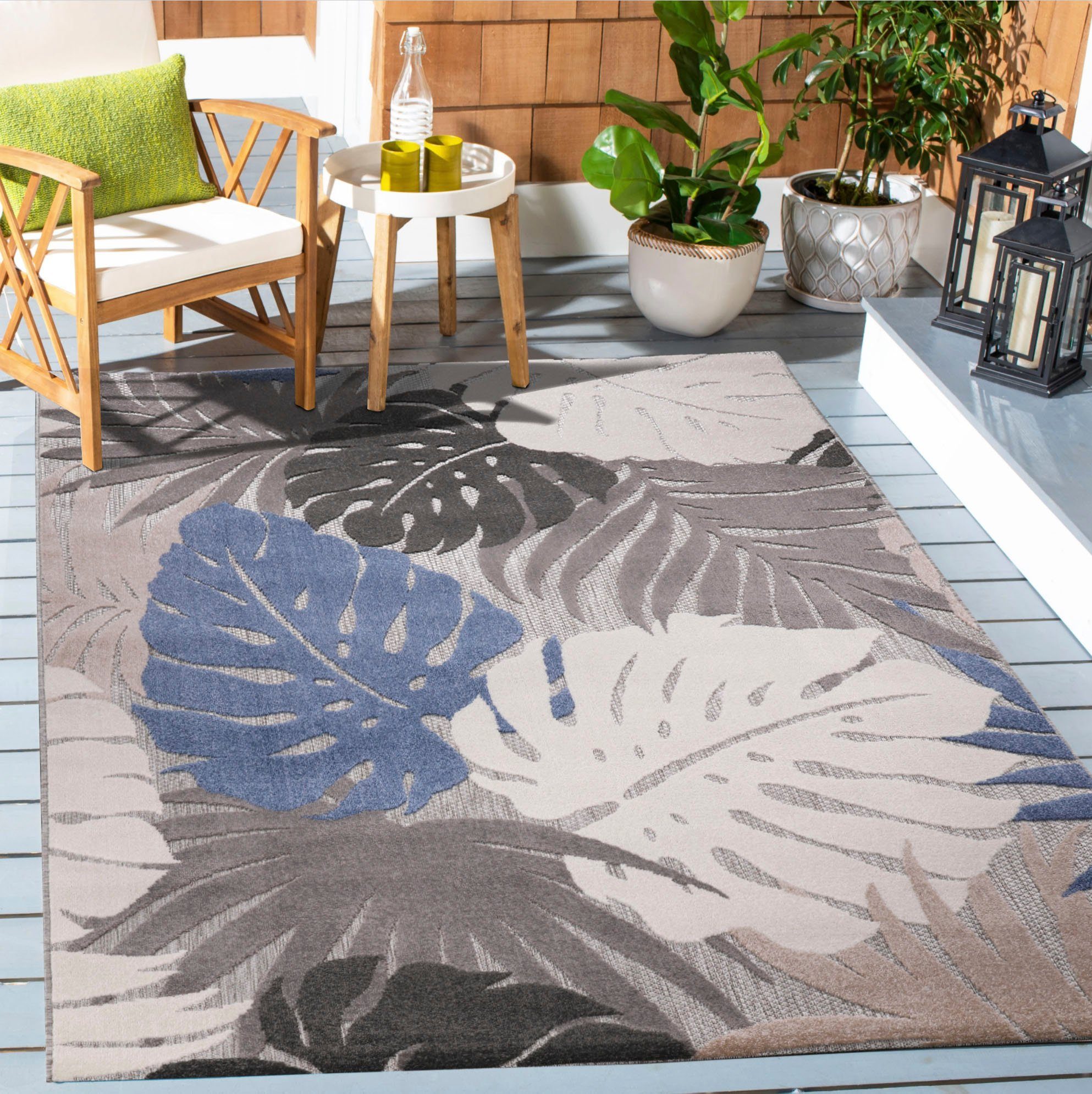 Teppich Floral, Sanat, rechteckig, Höhe: 6 mm, In- und Outdoor geeignet, florales Design, Balkon, Terasse beige | Kurzflor-Teppiche