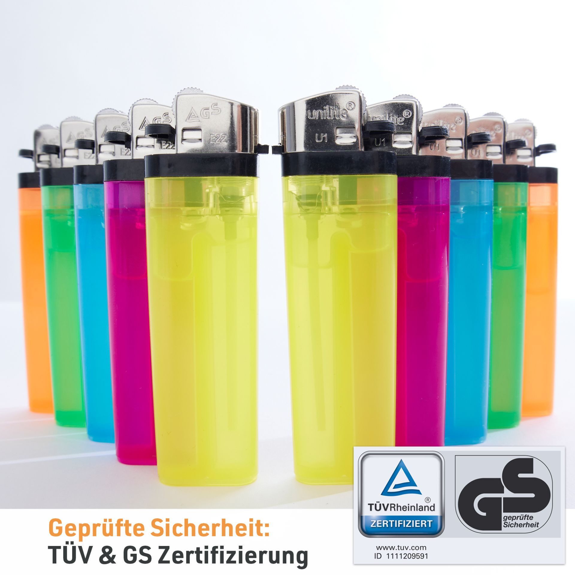 Unilite Feuerzeuge Reibrad 10er Set, befüllt in 5 Farben (10-St), Gasfeuerzeug, Einwegfeuerzeug, Feuerzeug, Mini Lighter