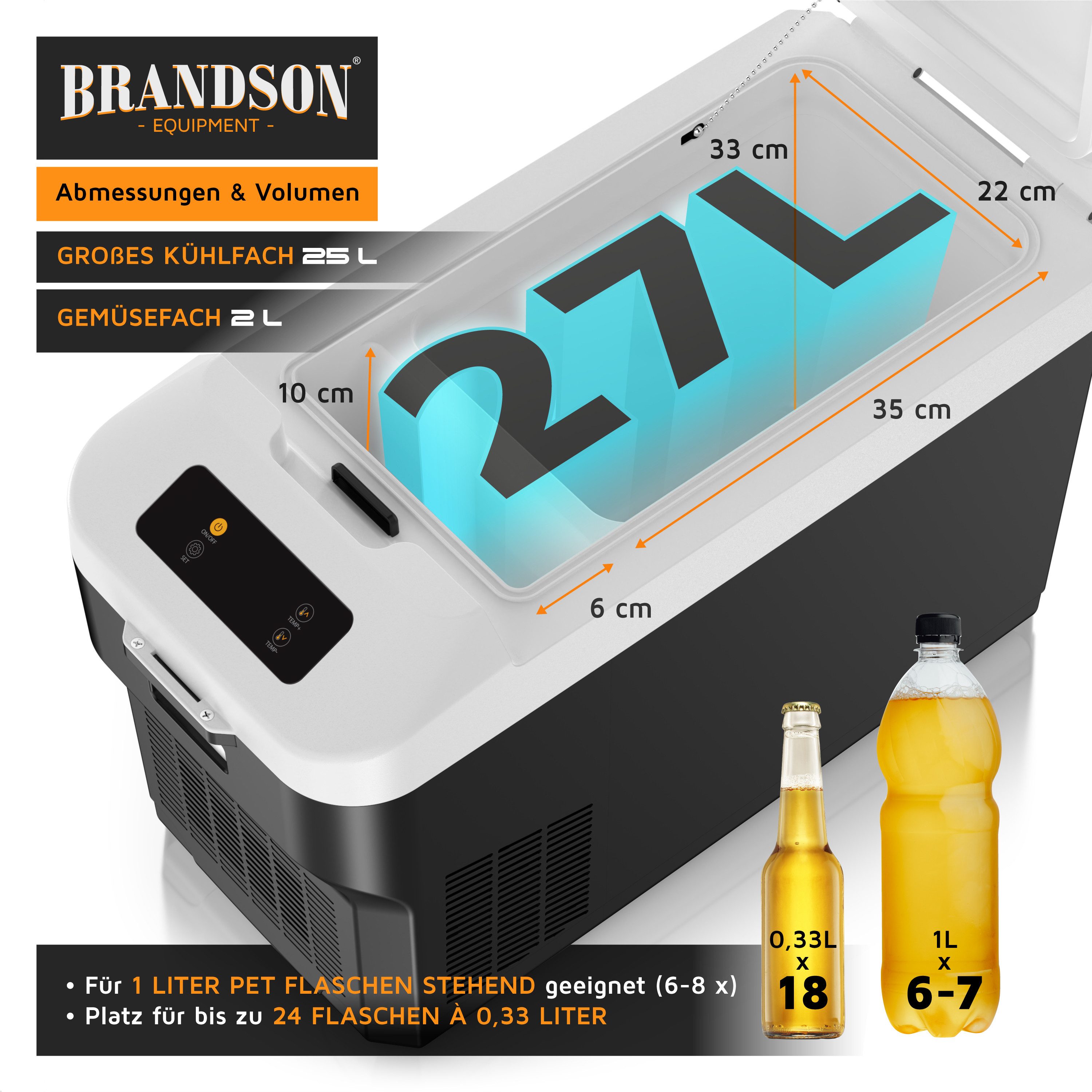 Brandson Elektrische Kühlbox Kompressor Kühlbox, bis – 22°C, ECO Modus, 27 L, für Auto & Haus, 27 l, 12–24 V Auto, 230 V Haus, Batteriewächter, zwei Fächer