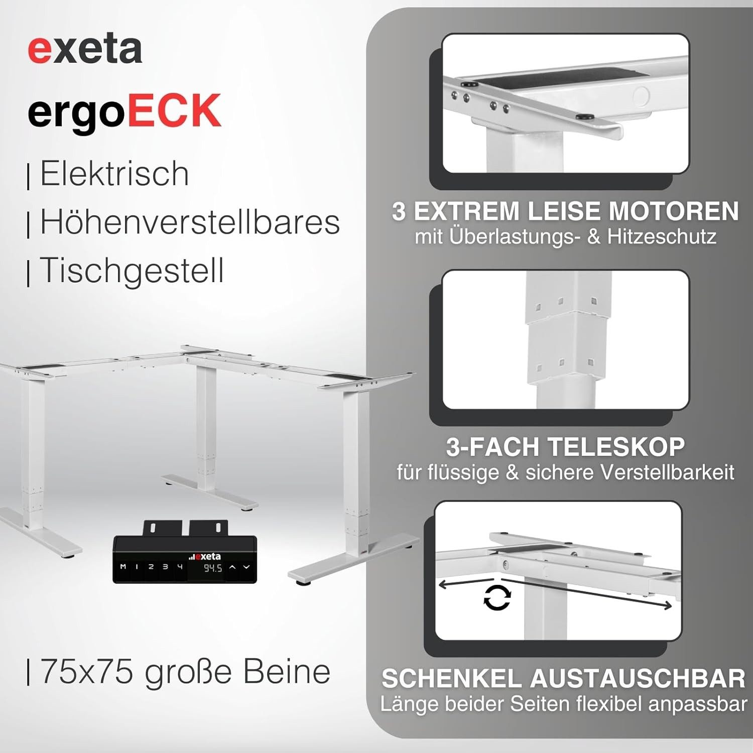 exeta Eckschreibtisch exeta ergoECK höhenverstellbarer Schreibtisch elektrisch Dreieck LForm (Set, Set), Breite 140 bis 200 cm, Tiefe 106 bis 160 cm, Höhe 64,5 bis 129,5 cm