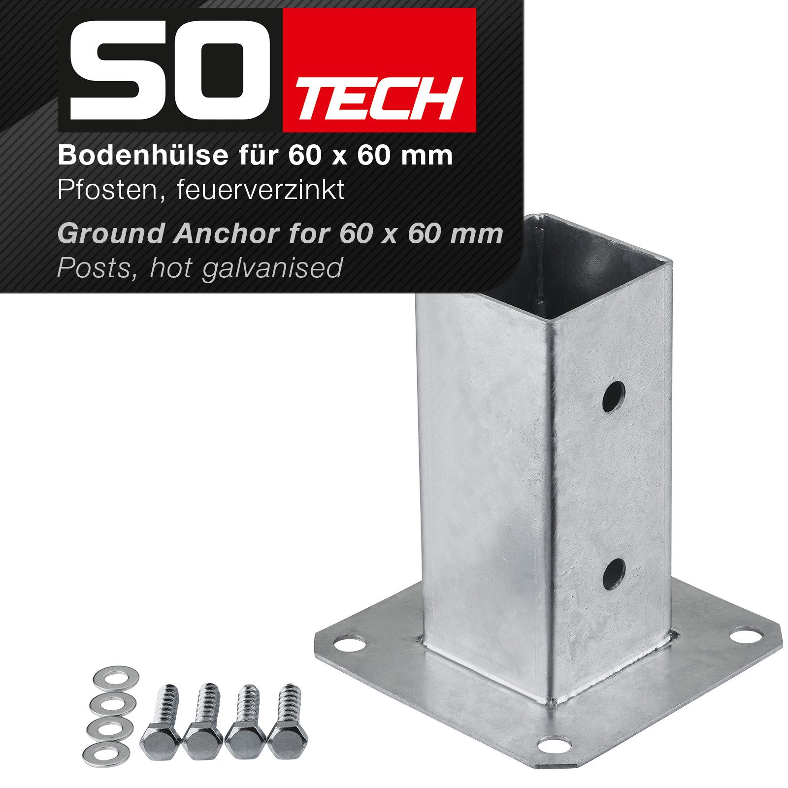 SO-TECH® Pfostenträger für Vierkantholz, zum Aufschrauben, aus Stahl feuerverzinkt, (1-St), Höhe 152 mm, Terrasse Gartenpfosten 60 x 60 mm mit Schrauben