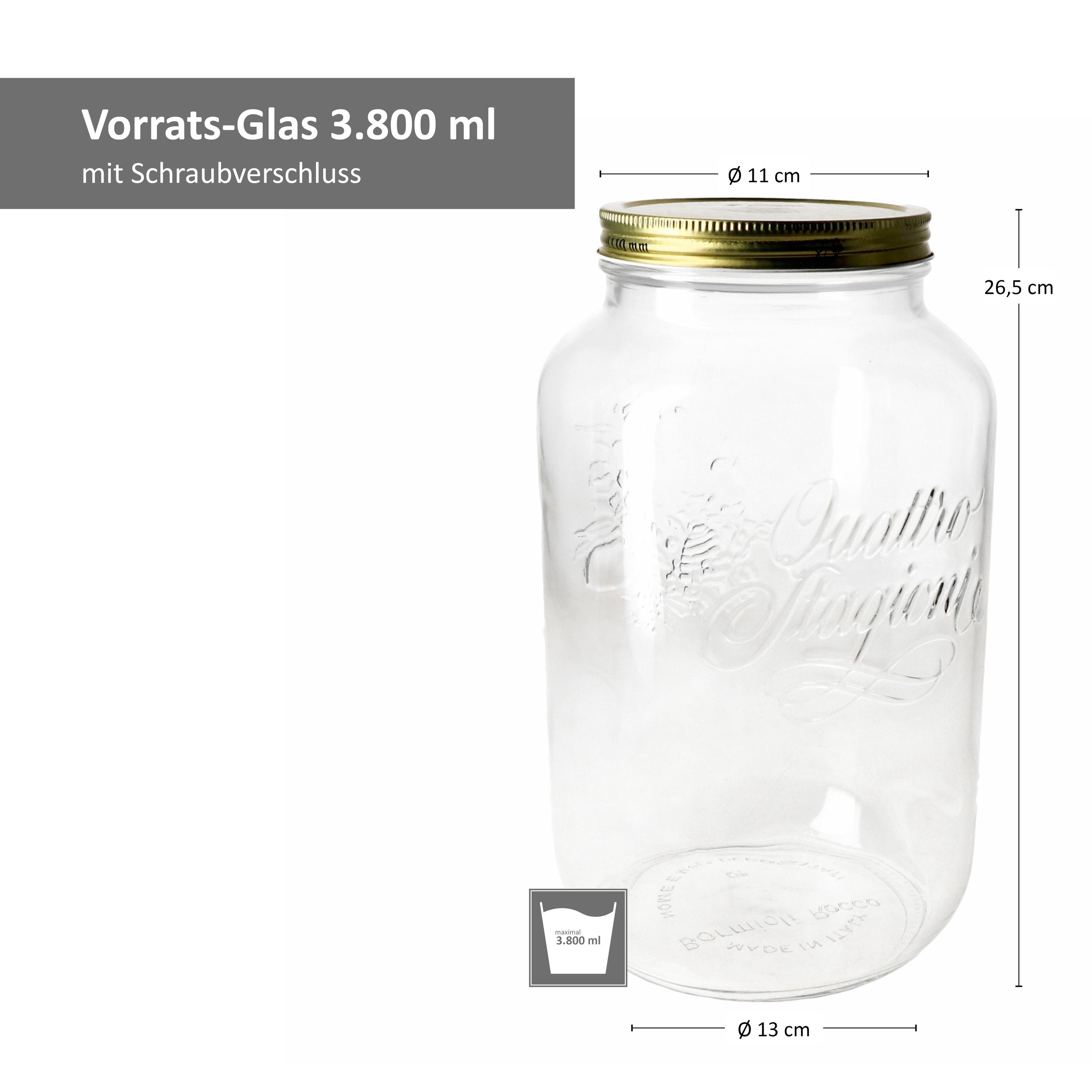Bormioli Rocco Einmachglas 6er Quattro Liter Vorratsglas Set 3,8 mit Rezeptheft, Glas