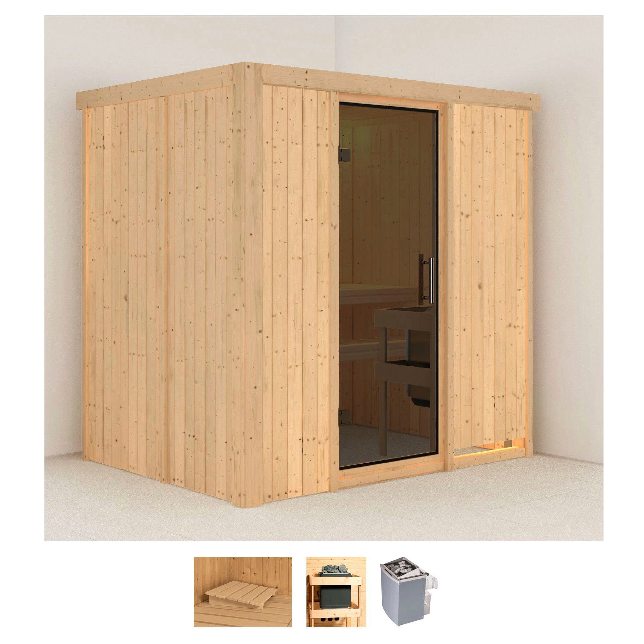 Karibu Sauna Bedine, BxTxH: 196 x 151 x 198 cm, 68 mm, (Set) Ofen 9 kW integr. Strg