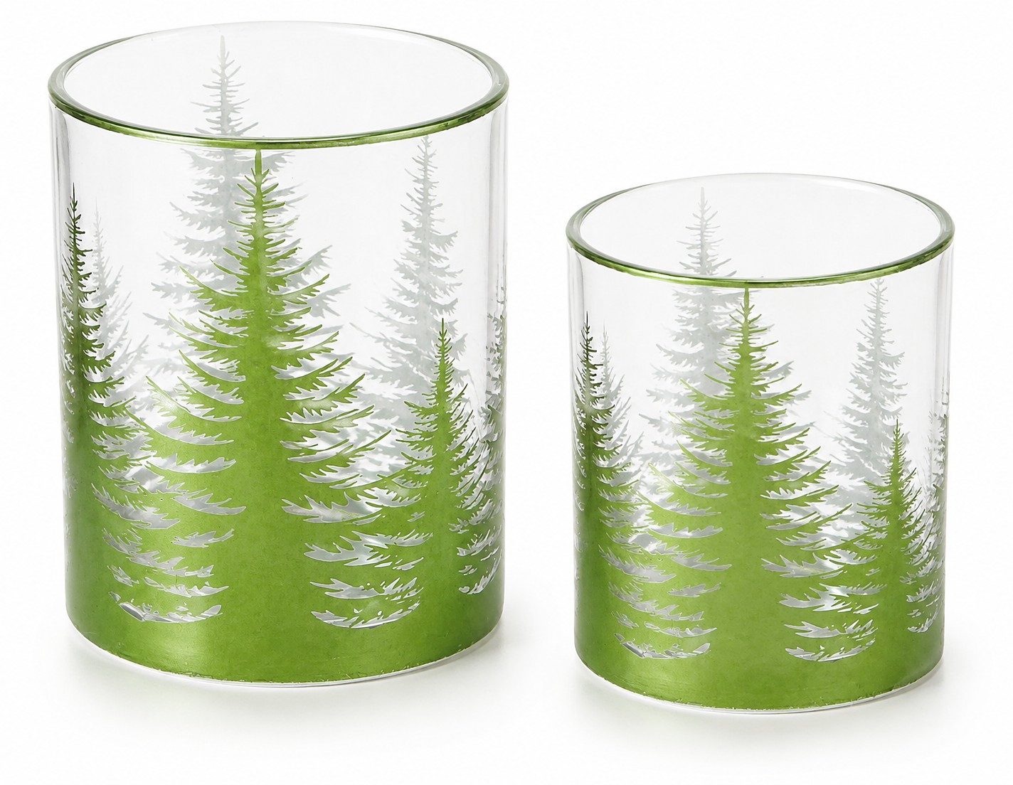 BOLTZE Windlicht Windlichter 2er Set Glas Tannenwald Grün Weihnachten 10 & 9 cm