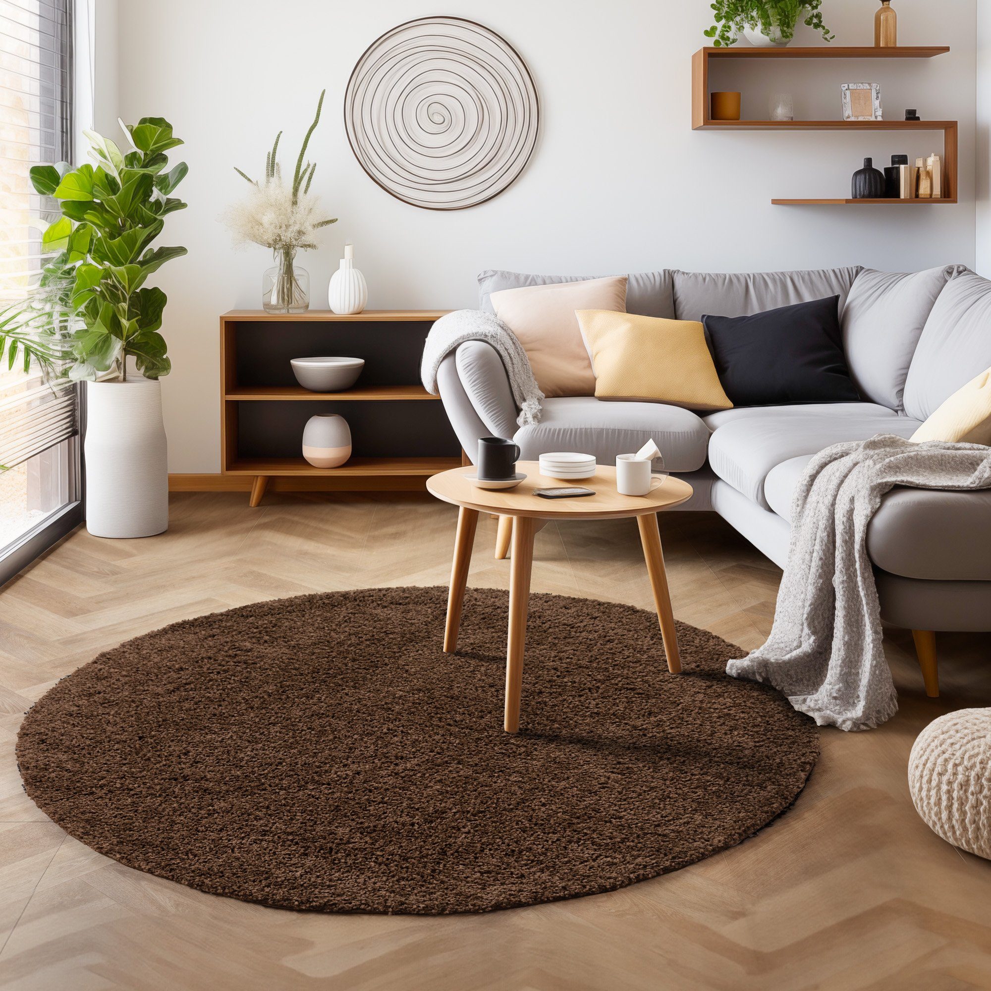 SIMPEX24 Teppich Unicolor - Einfarbig, Rund, Höhe: 30 mm, Einfarbig Shaggy Teppich Wohnzimmer Langflor Versch. Farben und Größen