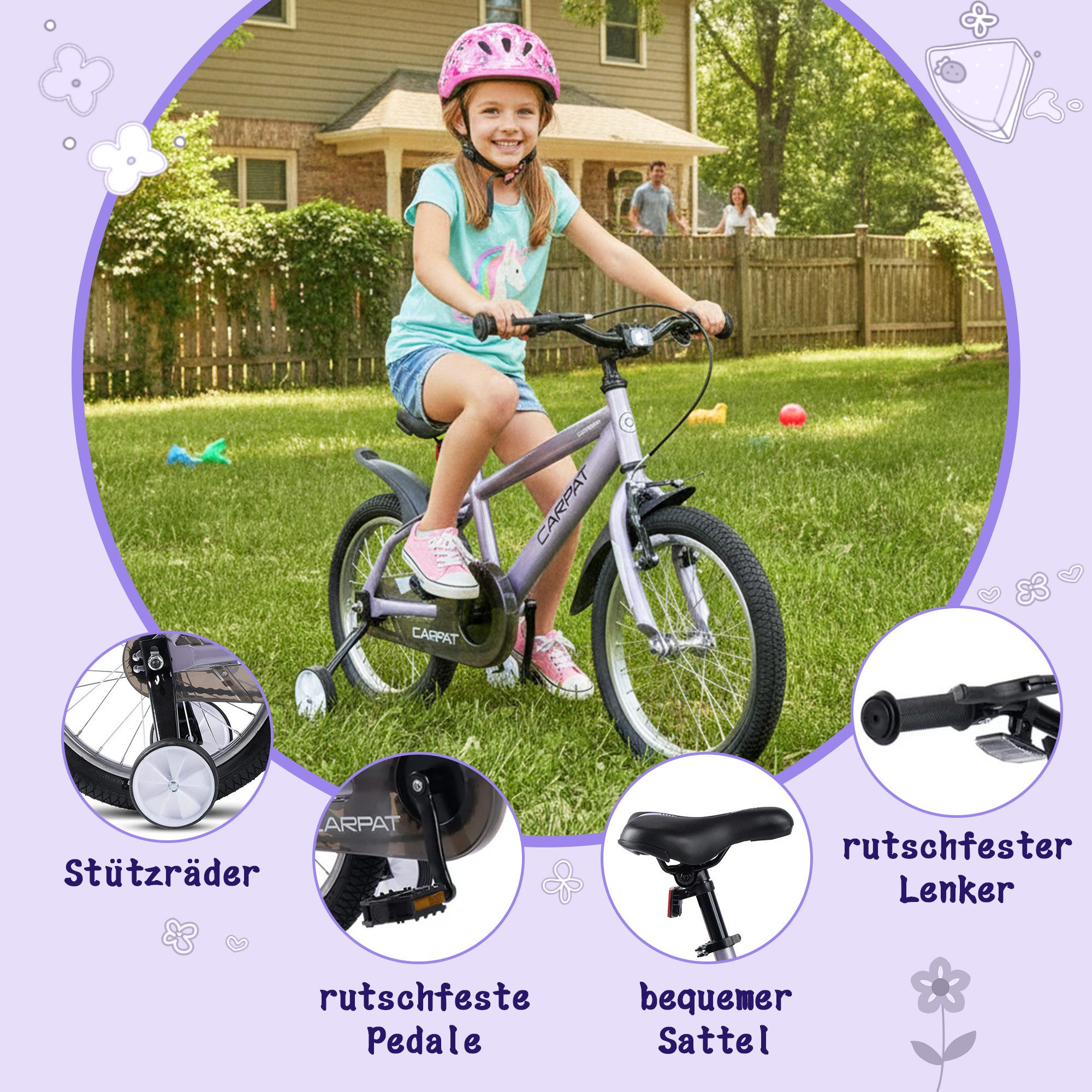 CARPAT SPORT Kinderfahrrad 16 Zoll Kinderfahrrad für 4-7 Jahre, 1 Gang, Kettenschaltung, Mädchen Jungen Fahrrad Bike mit Stützräder ab 4 Jahre