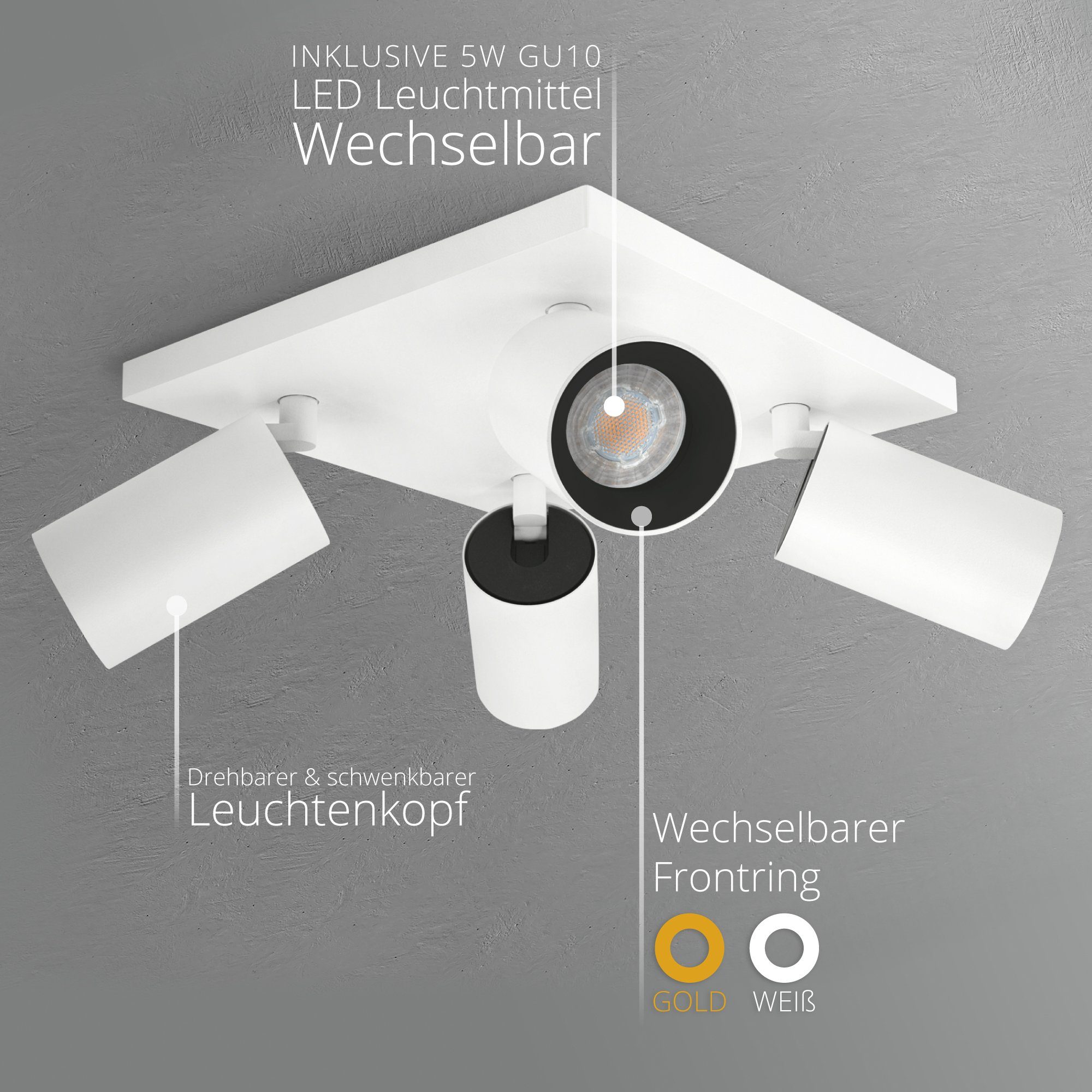 SSC-LUXon Aufbauleuchte Moderne Spot GU10, 4x Deckenleuchte Weiss ALVO mit Warmweiß in LED Schwarz 4