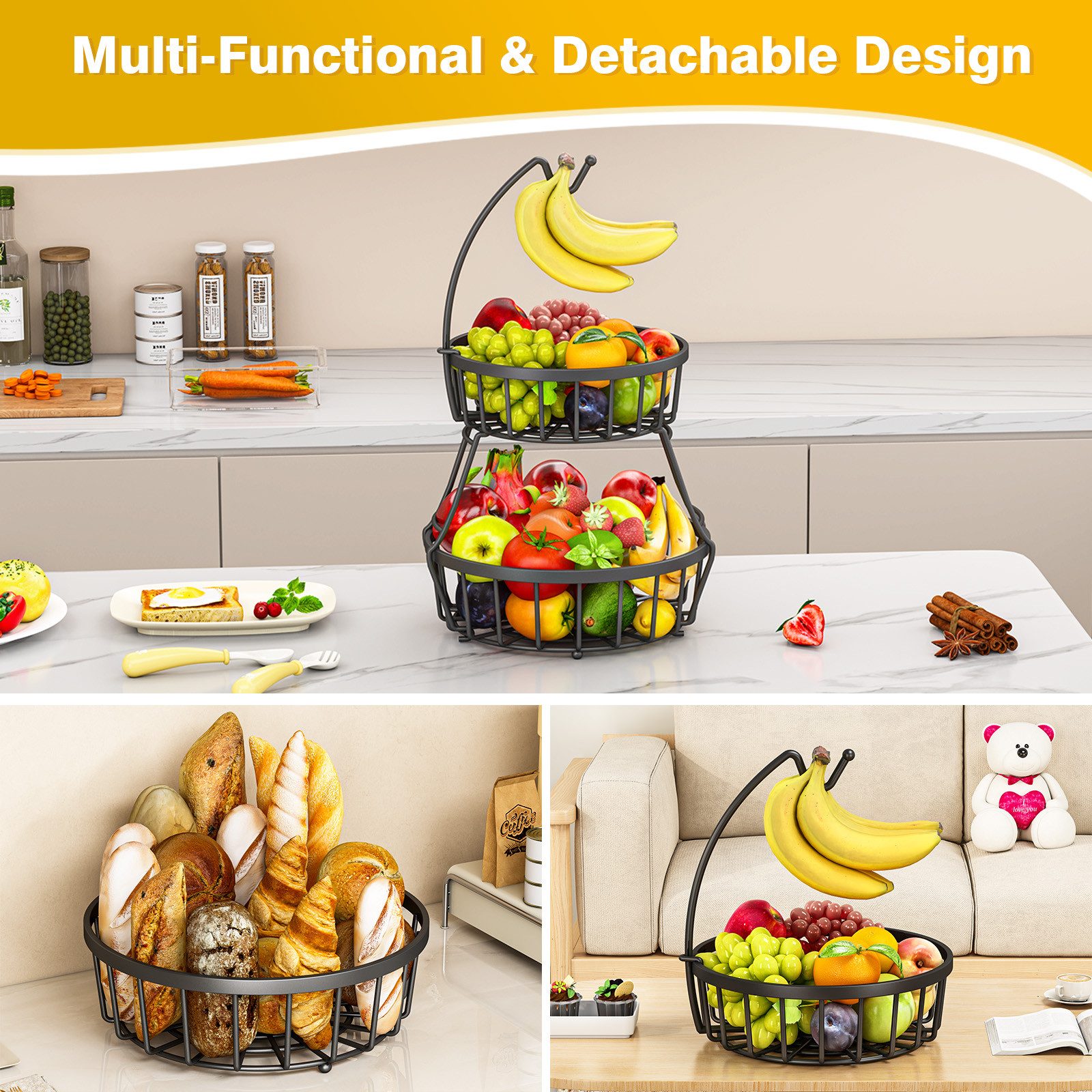 POPOLIC Obstschale 2-stöckiger Obstkorb aus Metall mit Bananenhaken, abnehmbar & belüftet