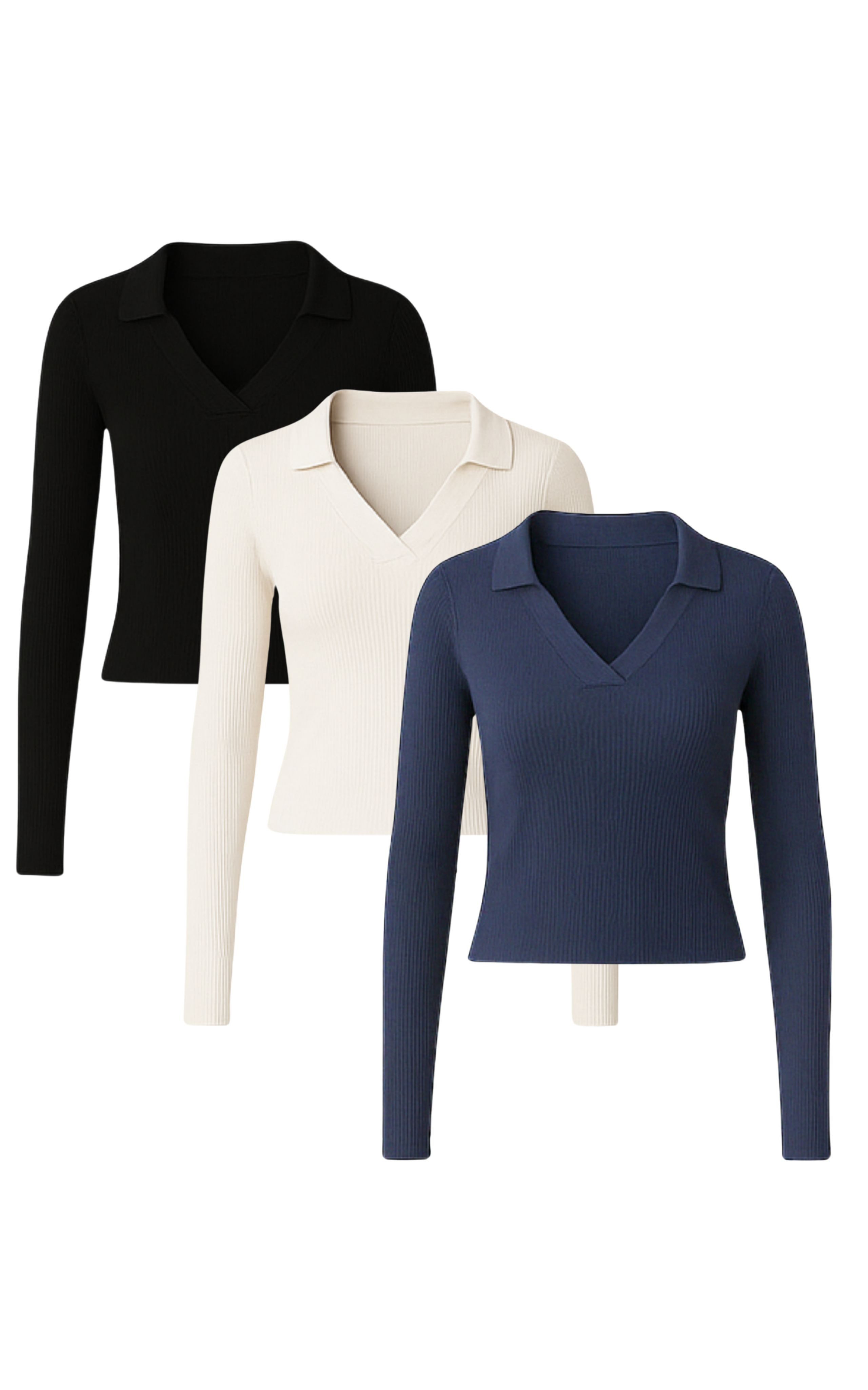 GORG Langarmbluse 3er Set Damenbluse mit Rippenstruktur aus Bio-Baumwolle