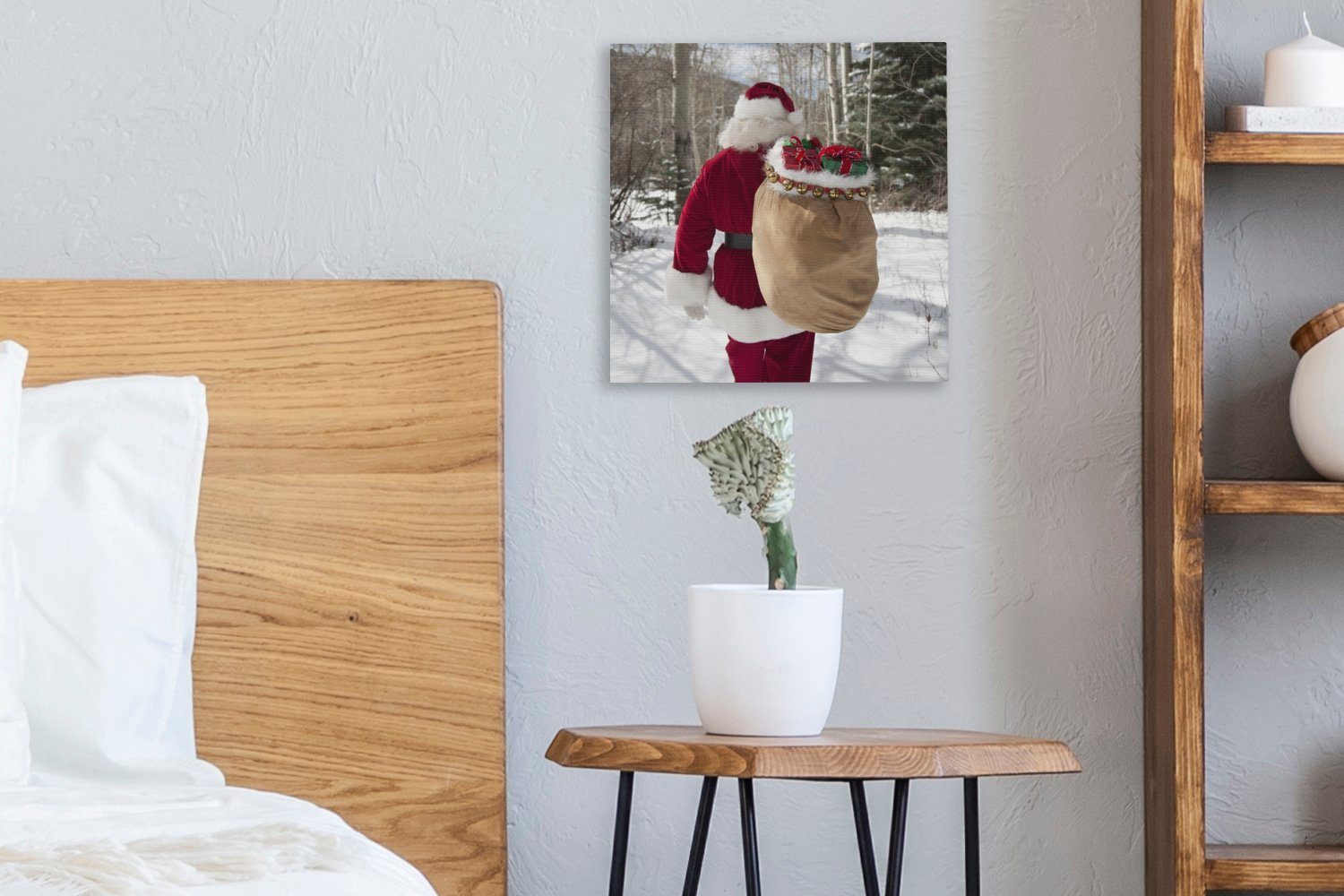 Weihnachtsgeschenke, einem OneMillionCanvasses® Leinwand Weihnachtsmann mit St), geht für Wohnzimmer Bilder Der (1 Schlafzimmer Leinwandbild Sack voller