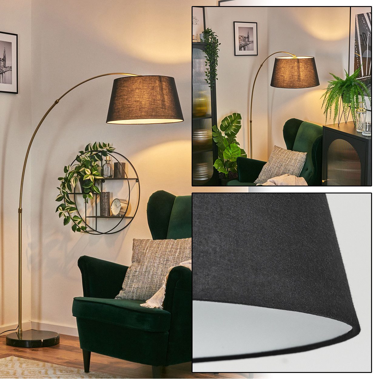 hofstein Bogenlampe Stehlampe mit Marmorfuß aus Metall/Stoff in Schwarz/Messing/Weiß, verstellbare Stehleuchte im modernen Design mit Fußschalter, E27