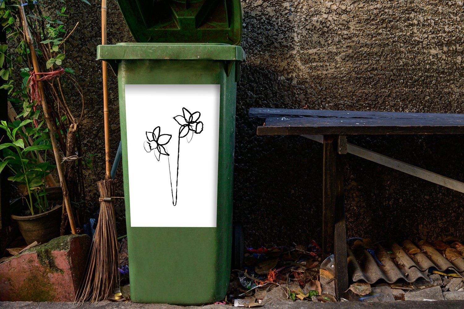 Strichzeichnung Mülleimer-aufkleber, (1 Sticker, Frühling MuchoWow St), Wandsticker Mülltonne, Blumen - Abfalbehälter Container, -