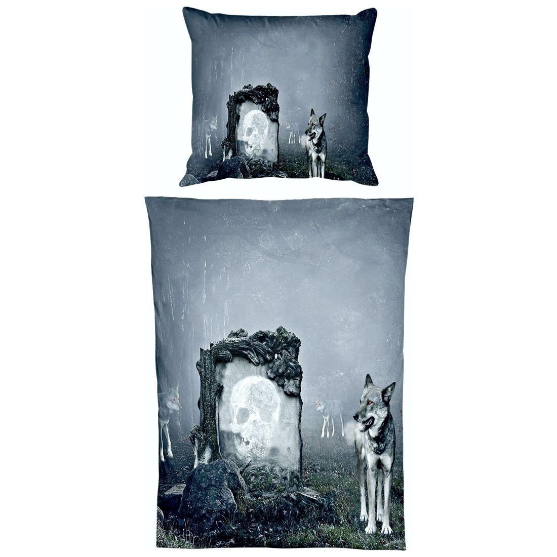 JACK Bettwäsche Microfaser Bettwäsche 135x200cm Wolf Guard Tier Fantasy Totenkopf Grau, Microfaser, 2 teilig, fotorealistischer Print Druck, Mystisch und geheimnisvoll Wolfsrudel