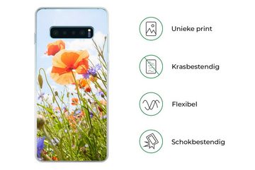 MuchoWow Handyhülle Blumen - Mohn - Frühling - Natur - Rot - Blau, Phone Case, Handyhülle Samsung Galaxy S10+, Silikon, Schutzhülle