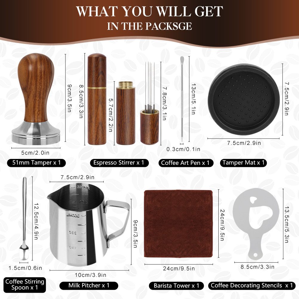 OSTWOLKE Tamper Kaffee Tamper 51mm Espresso Tamper Set mit Tampermatte Milchkännchen