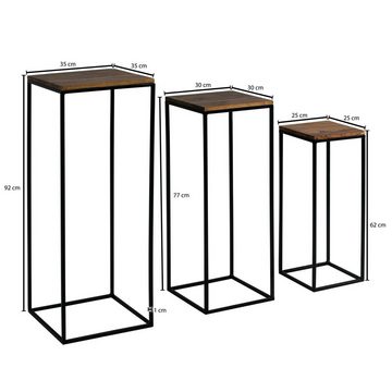 KADIMA DESIGN Blumenständer 3er Set Sheesham Massivholz Beistelltische, mit Metallgestell