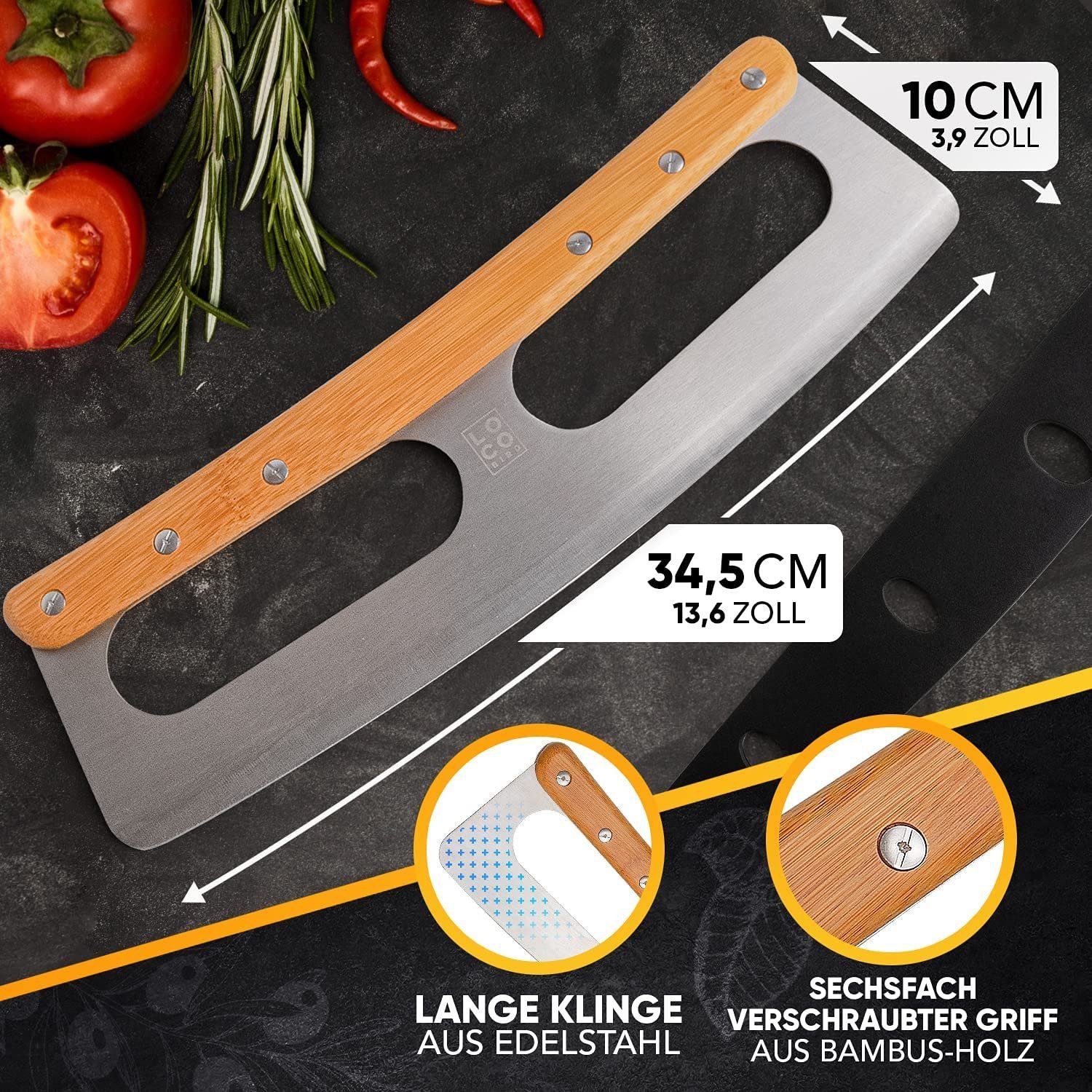 Loco Bird Pizzaschneider aus Edelstahl mit Bambusgriff und mit Klingenschutz, Allzweck-Wiegemesser: scharfe Klinge, robuster Griff - Edelstahl