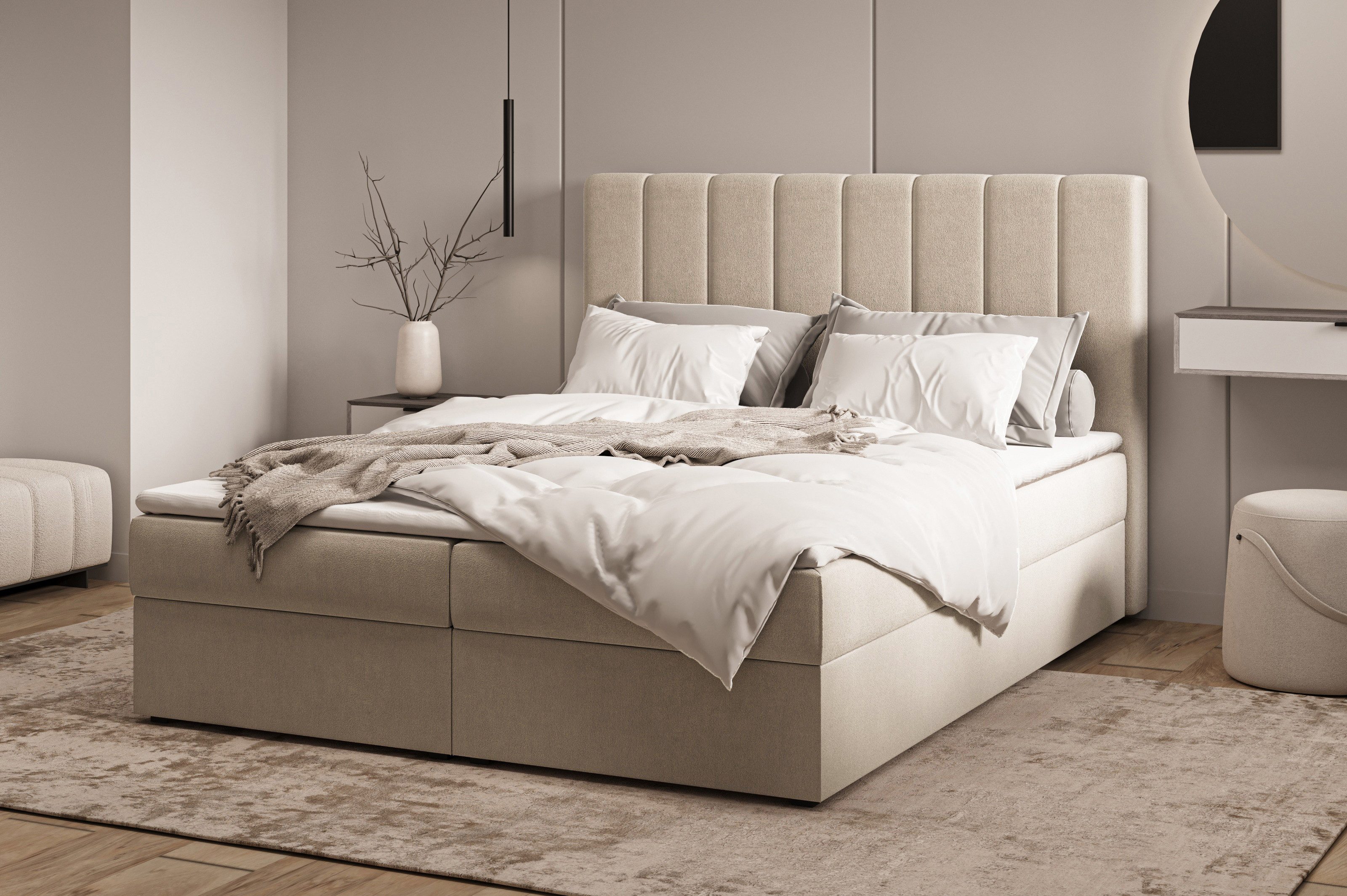 MOEBLO Boxspringbett Bett 01 (Bonell, Topper, Doppelbett gepolstertes Kopfteil mit Bettkasten Boxspringbett, aus Samt, Polsterbett Kontinentalbett, dekorativem Kopfteil), Boxspring, - (BxHxT):143/163/183x113x214 cm