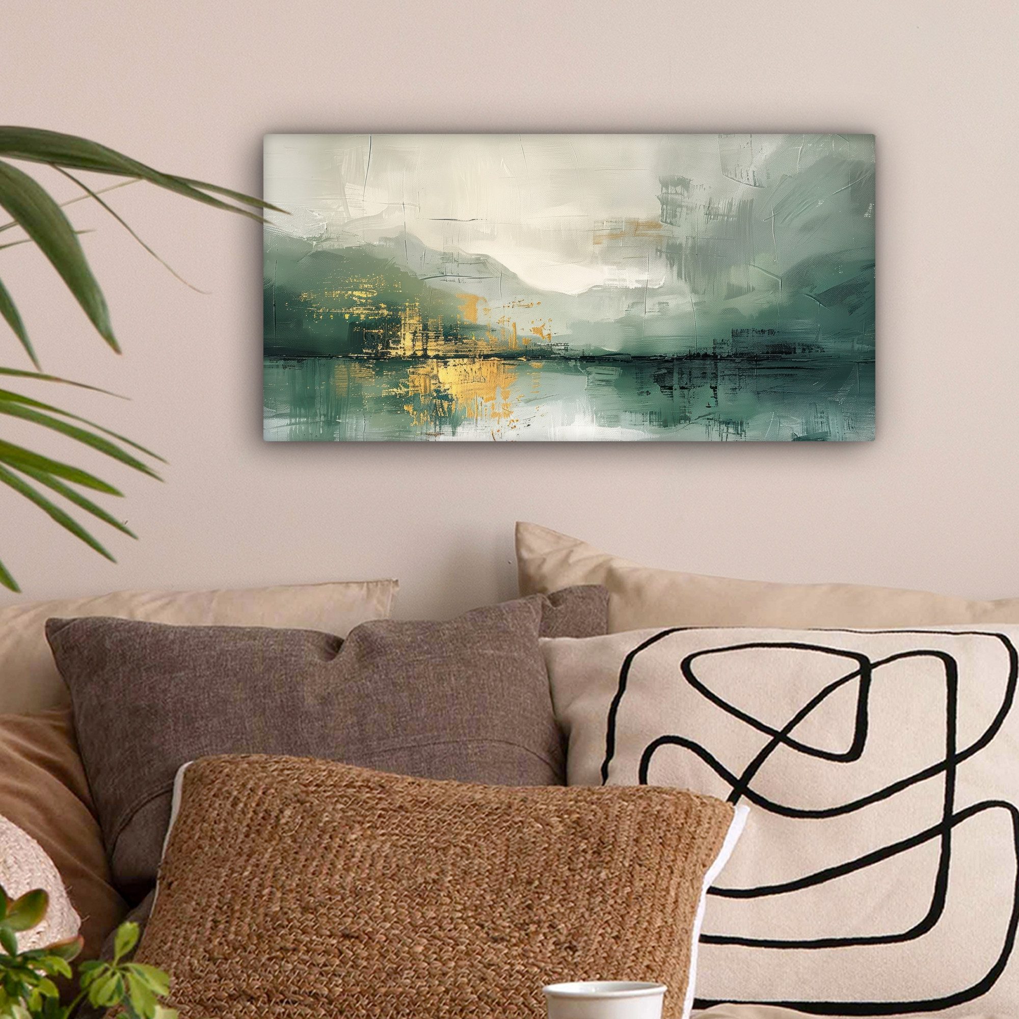 OneMillionCanvasses® Leinwandbild Panorama Grün - Modern - Abstrakt - Gold, Fotodruck (1 St), Leinwand Bilder für Wohnzimmer Schlafzimmer 60x30 cm