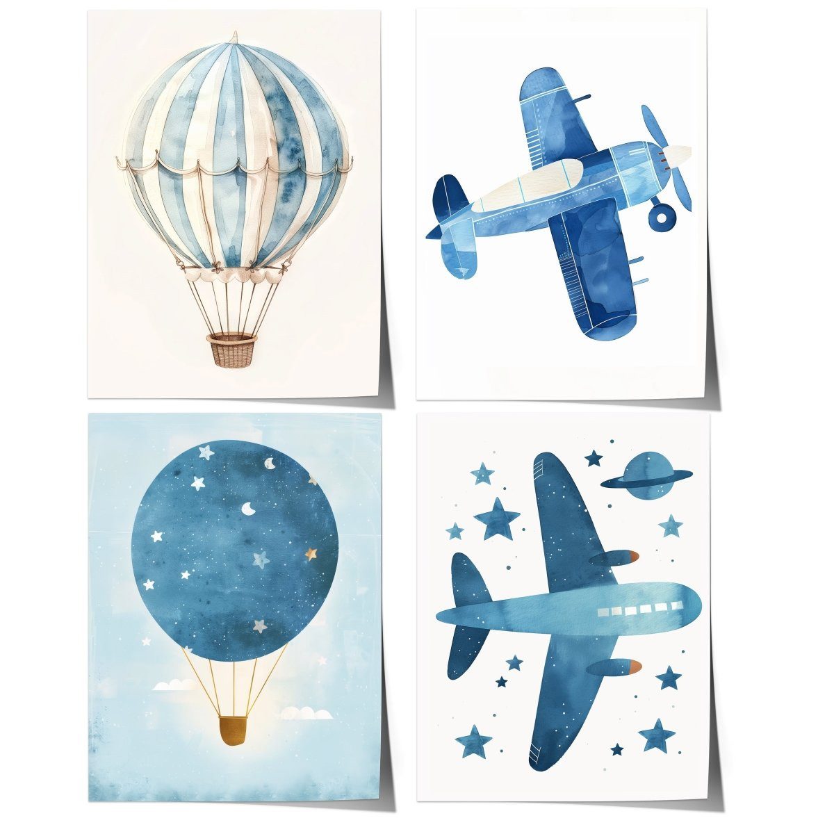 JUSTGOODMOOD Poster Kinderzimmer Heißluftballon Flugzeug Aquarell Flugträume Kinderzimmer, A (1 St)