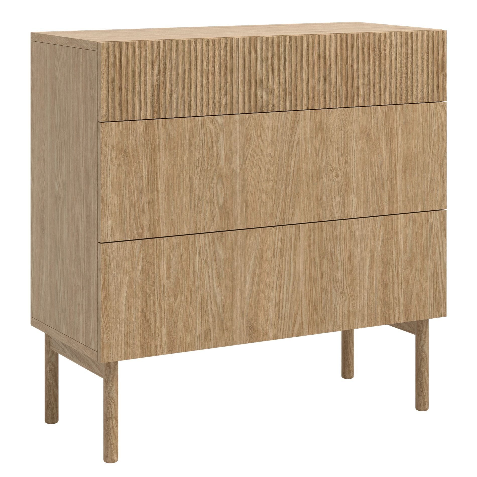 Selsey Kommode NOLIE, Kommode mit 3 Schubladen, geriffelter Front und Holzbeinen, 90 cm
